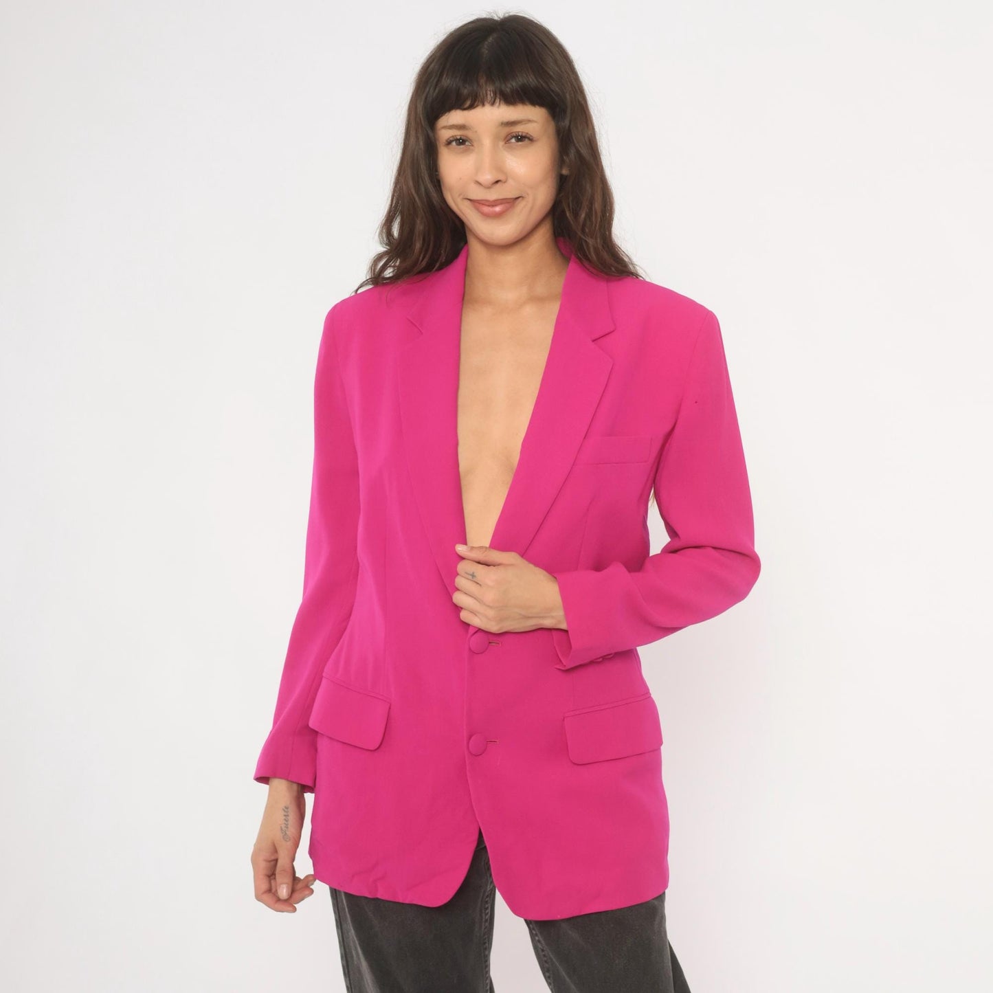 90s N. Valentino Hot Pink Wool Blazer Two-Button Structured Shoulders Medium M