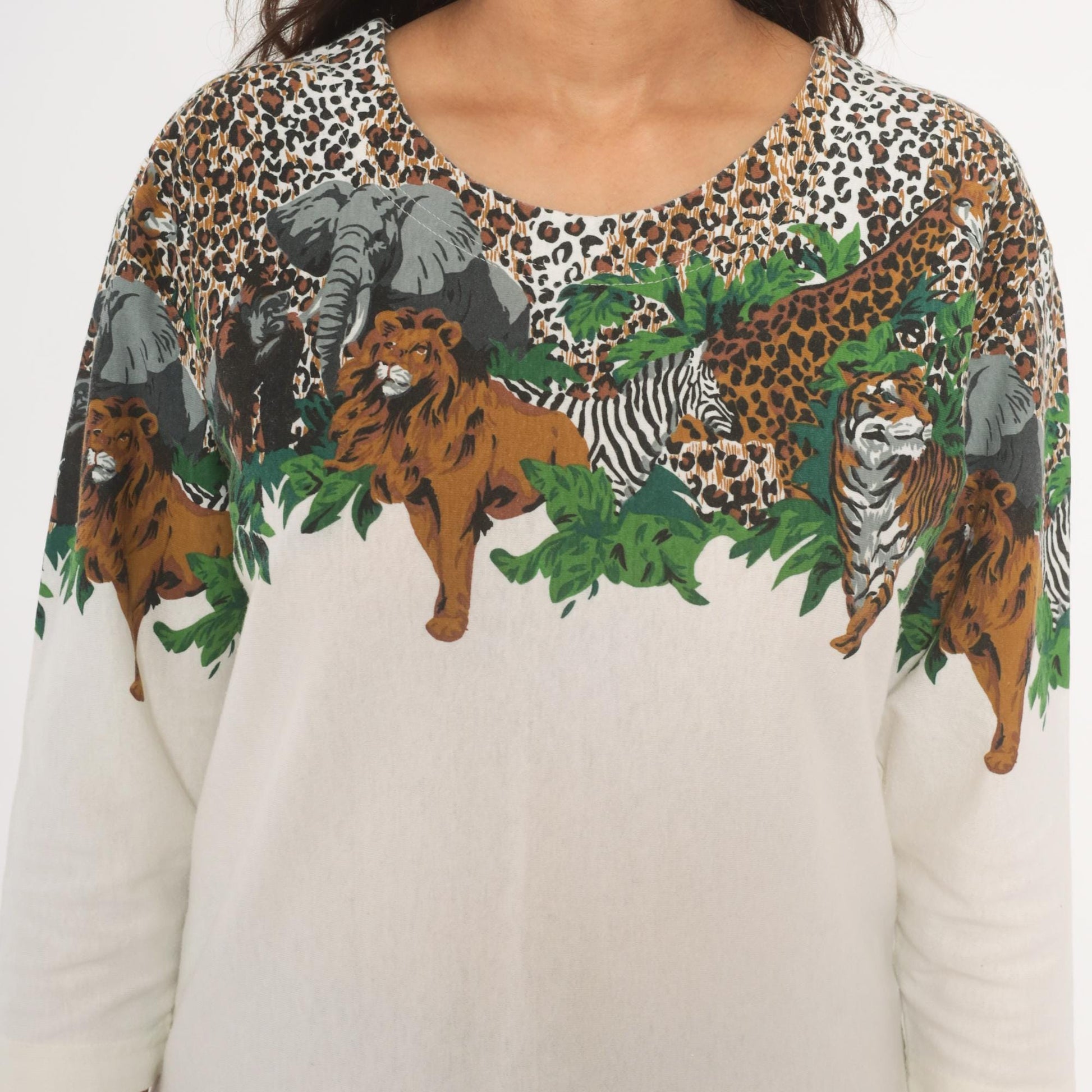 90s Enchante Sport Safari Animal Print Top Jungle Wildlife Cream Medium M