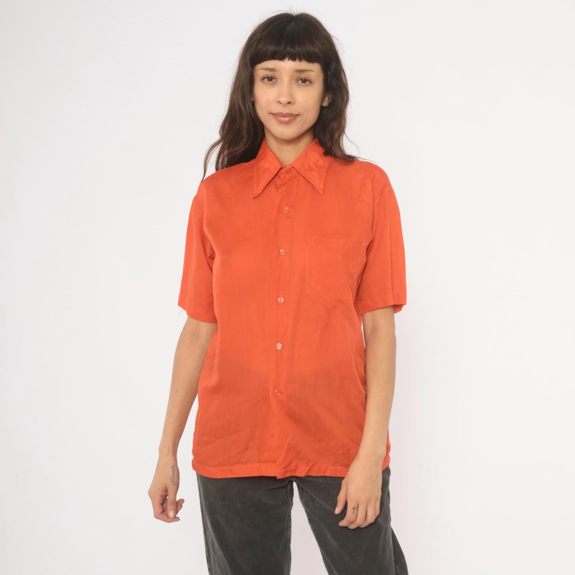 70s Odeon Burnt Orange Button-Up Shirt Pointed Collar Short Sleeve Medium