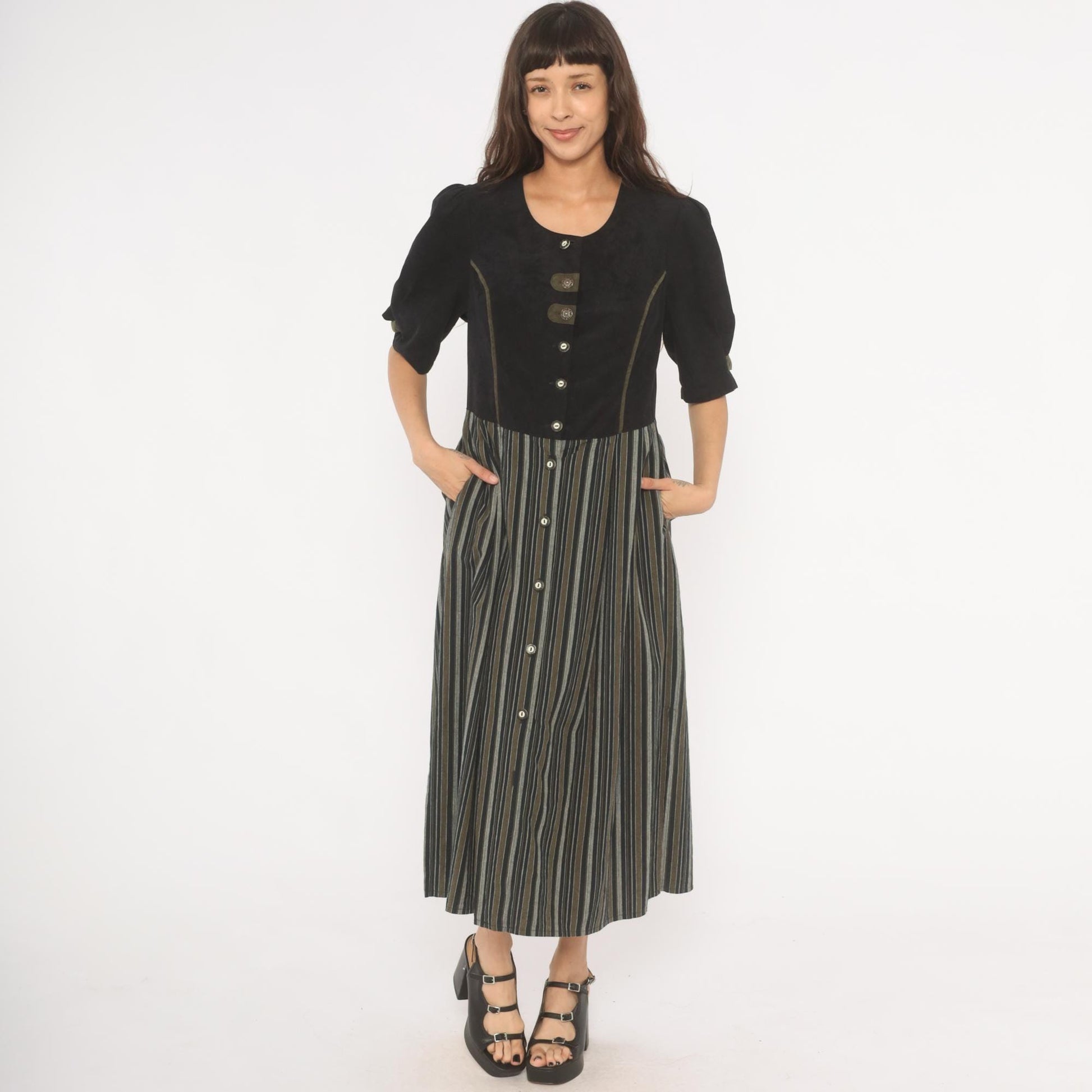 90s Folk Line Dirndl Dress Black Olive Striped Midi Puff Sleeve Extra Large