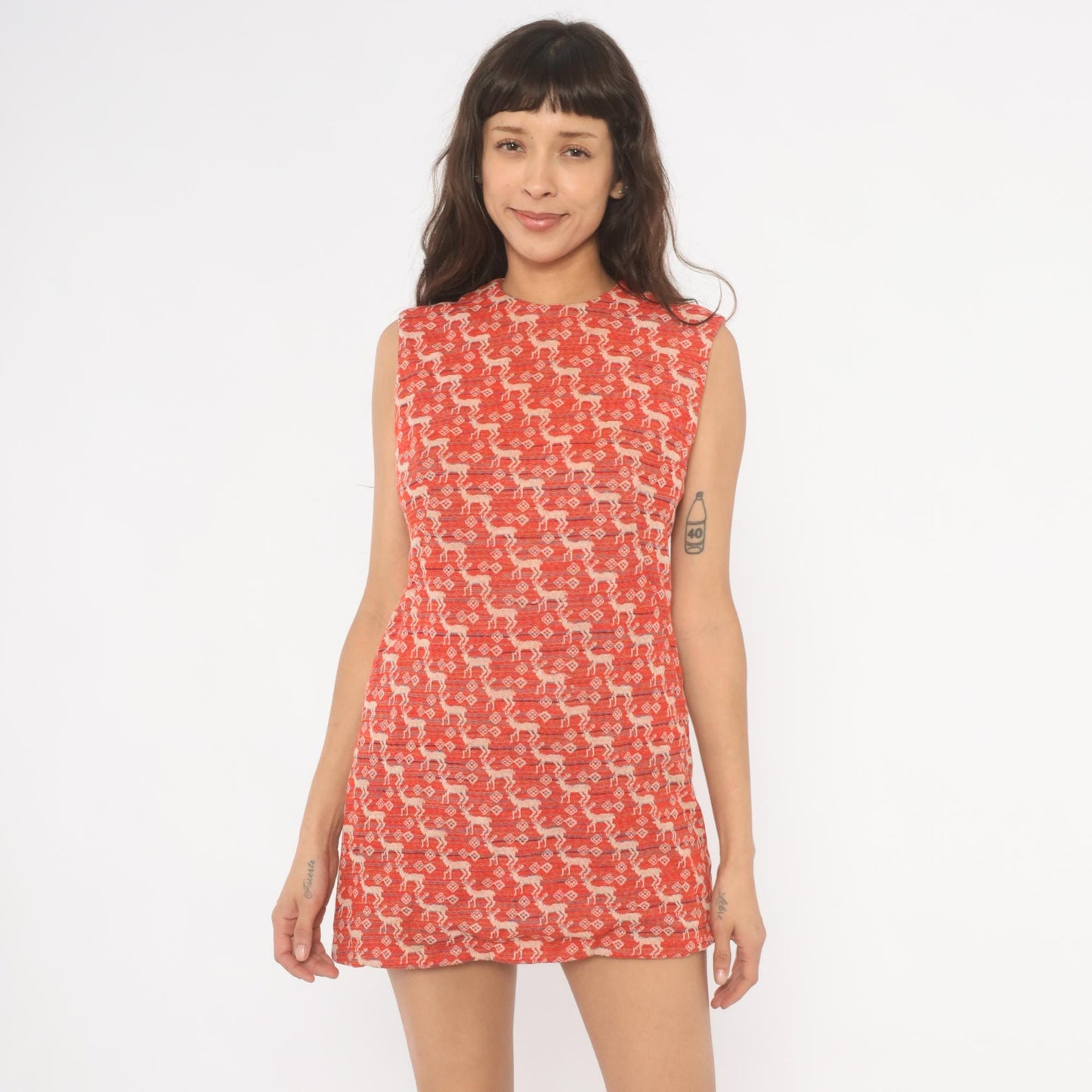 70s Deer Jacquard Mini Dress Red Cream Shift Knit Small S