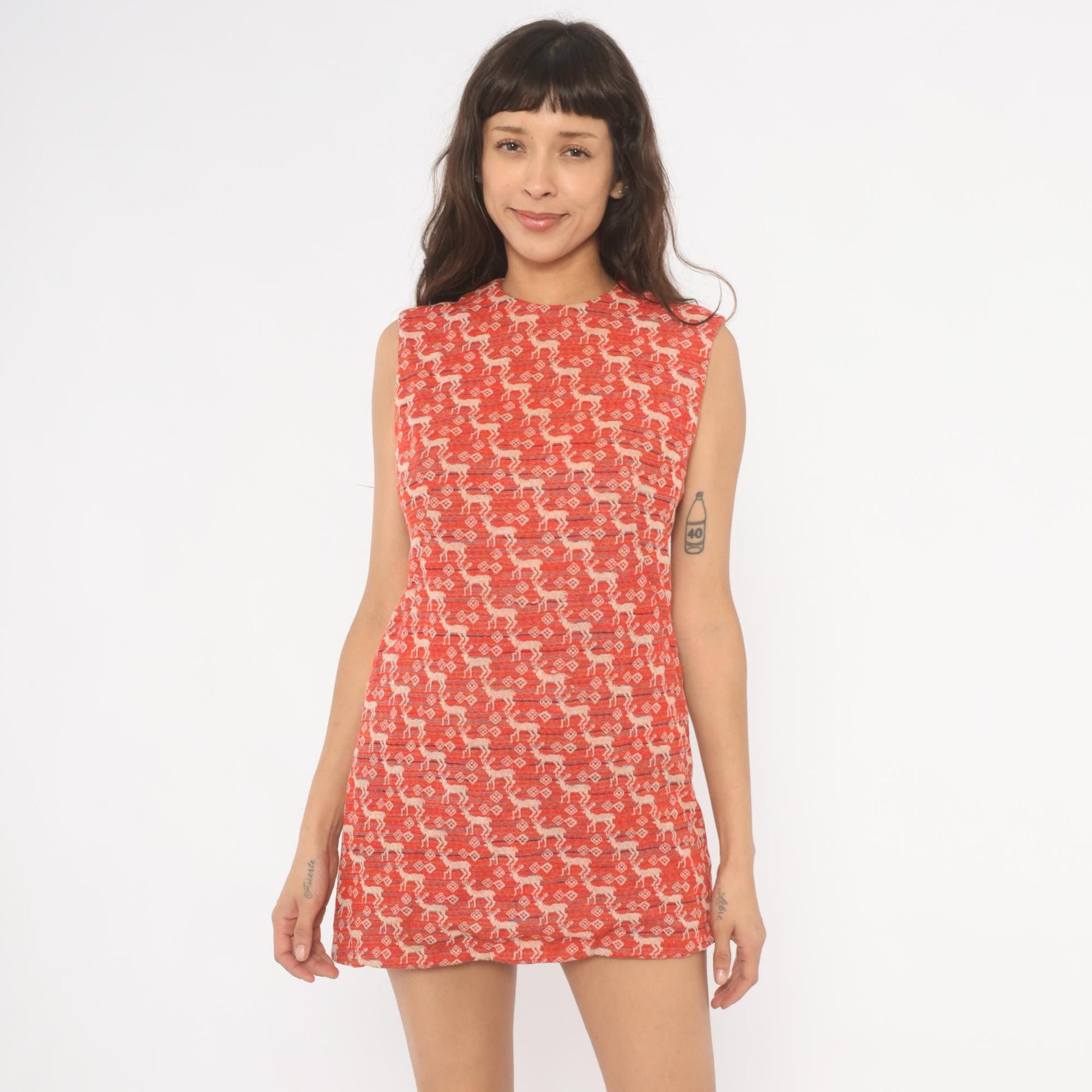 70s Deer Jacquard Mini Dress Red Cream Shift Knit Small S