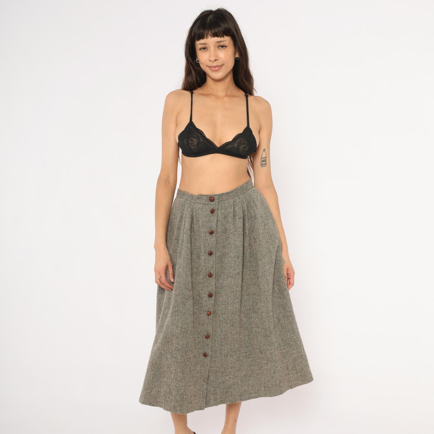 80s David Brooks Wool Herringbone Midi Skirt Grey Tan Pleated Medium L