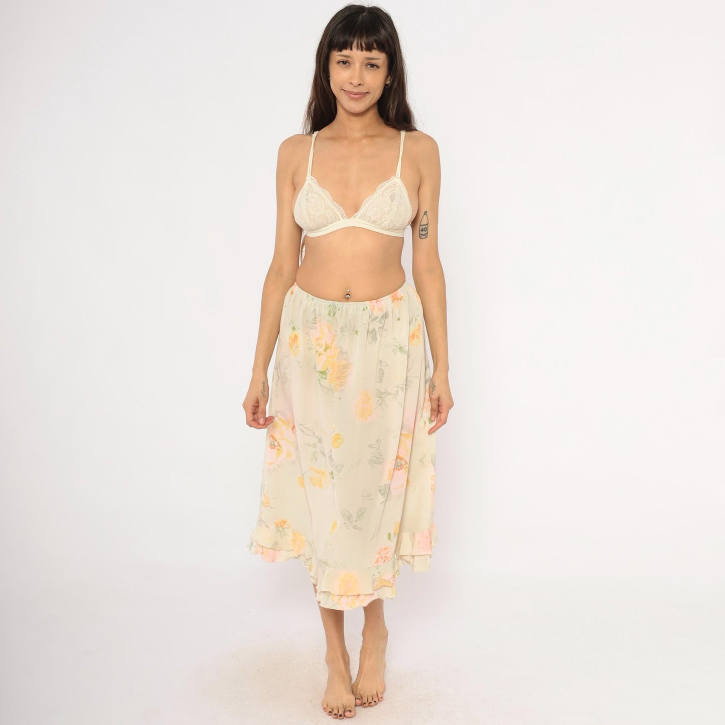 90s Watercolor Floral Midi Skirt Ruffle Hem Cream Peach Sage Green Small