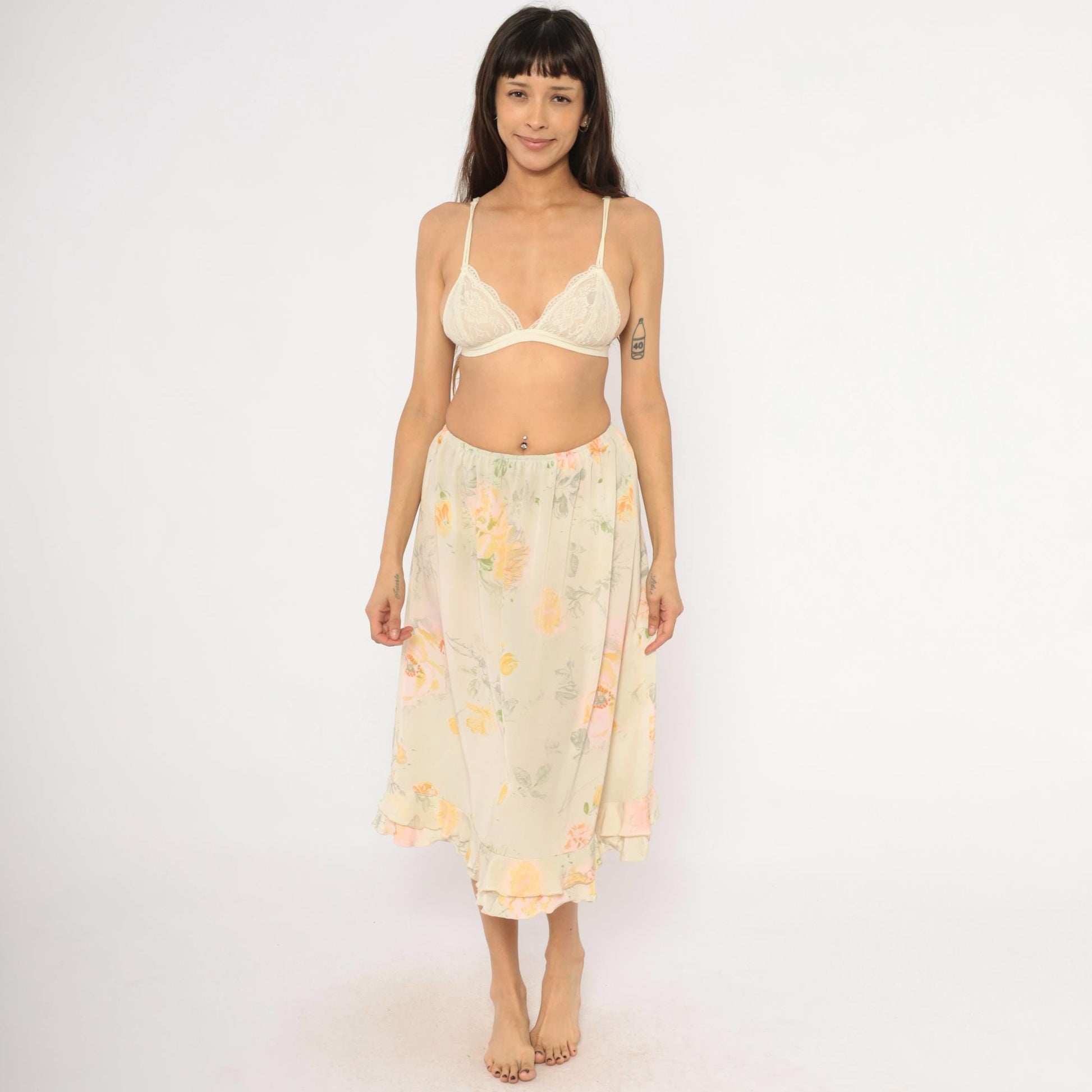 90s Watercolor Floral Midi Skirt Ruffle Hem Cream Peach Sage Green Small