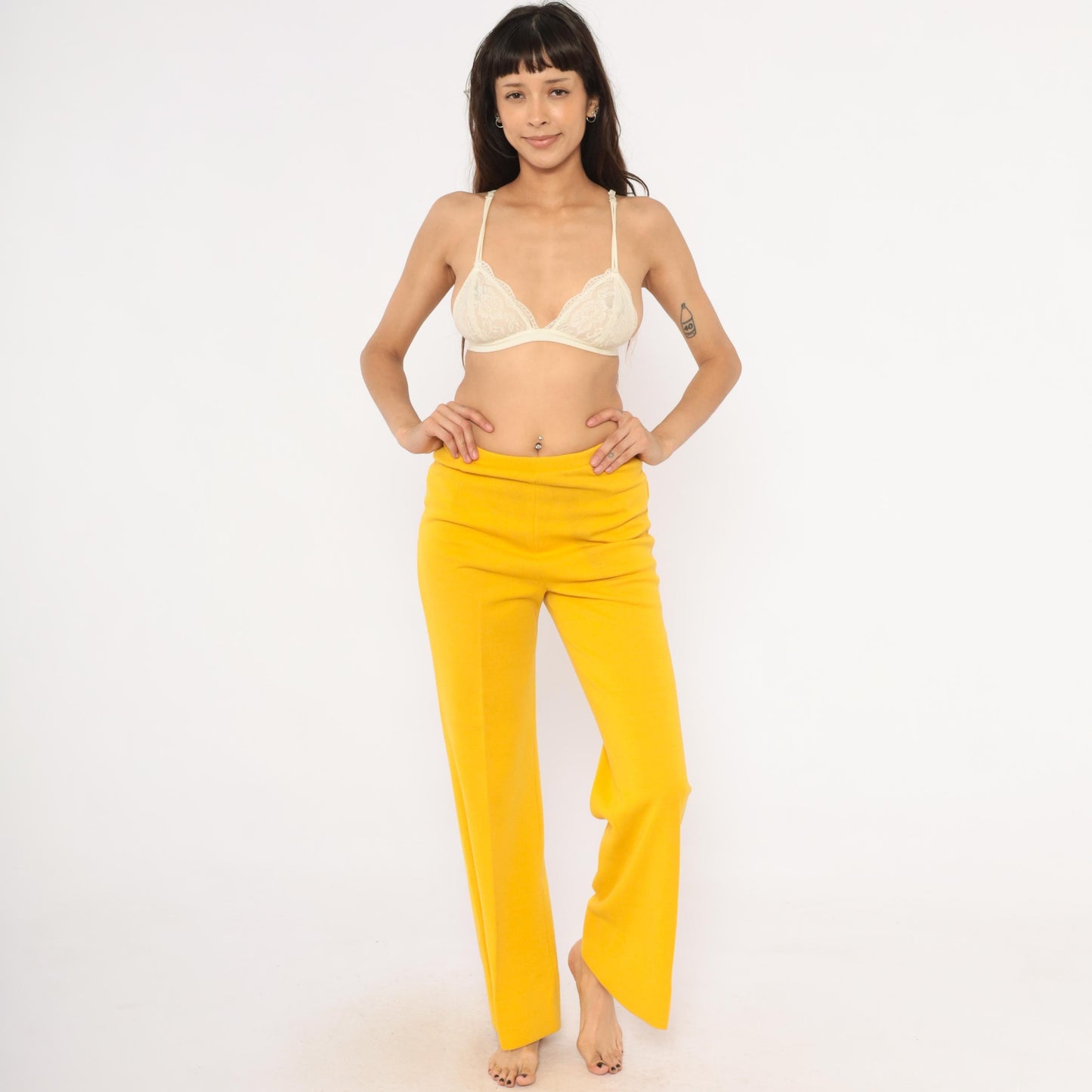 70s Mustard Wide Leg Trousers Pull-On Wool Blend High Waist Straight Leg Large L