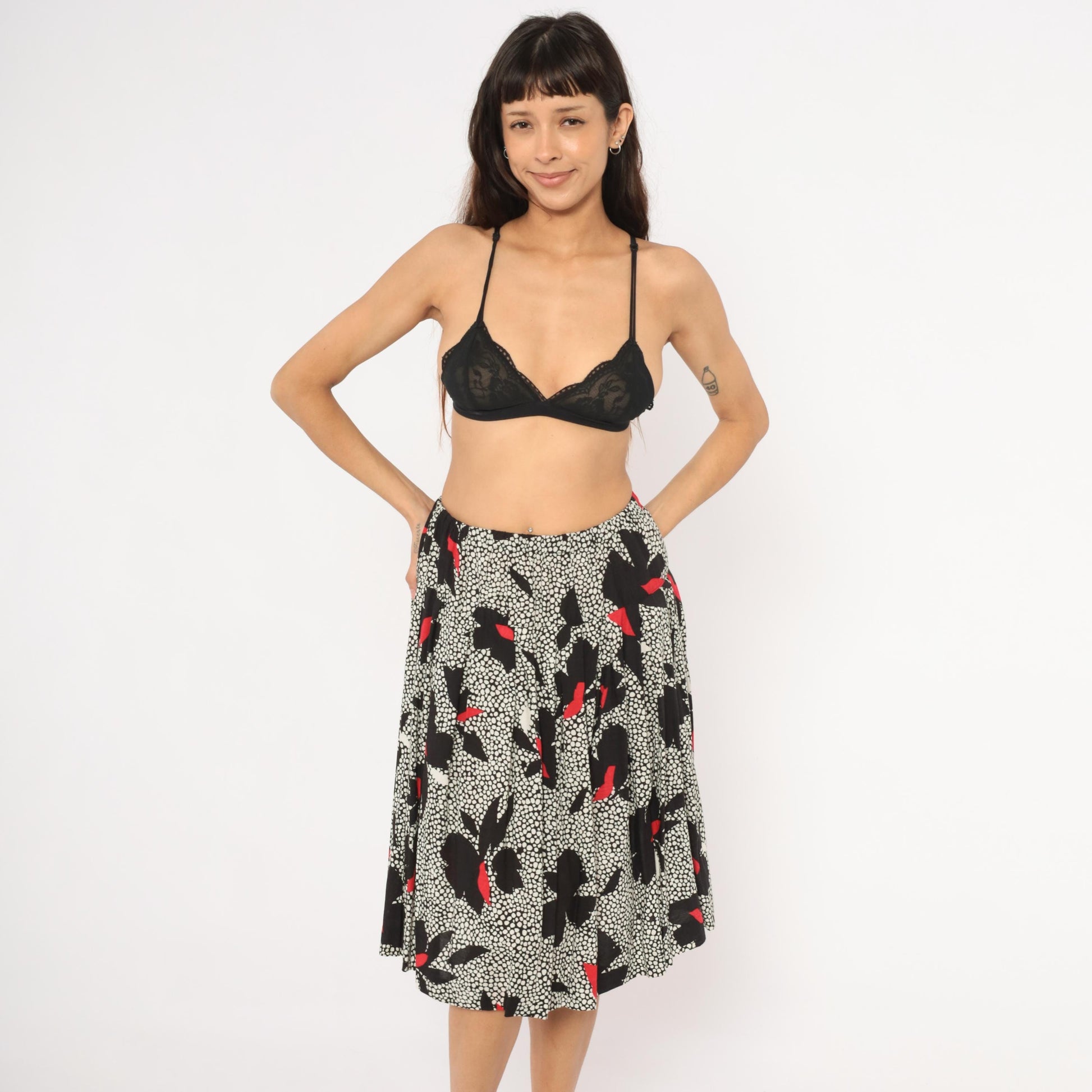 90s Jon Woods Midi Skirt Black White Floral Red Abstract Dotted Medium M
