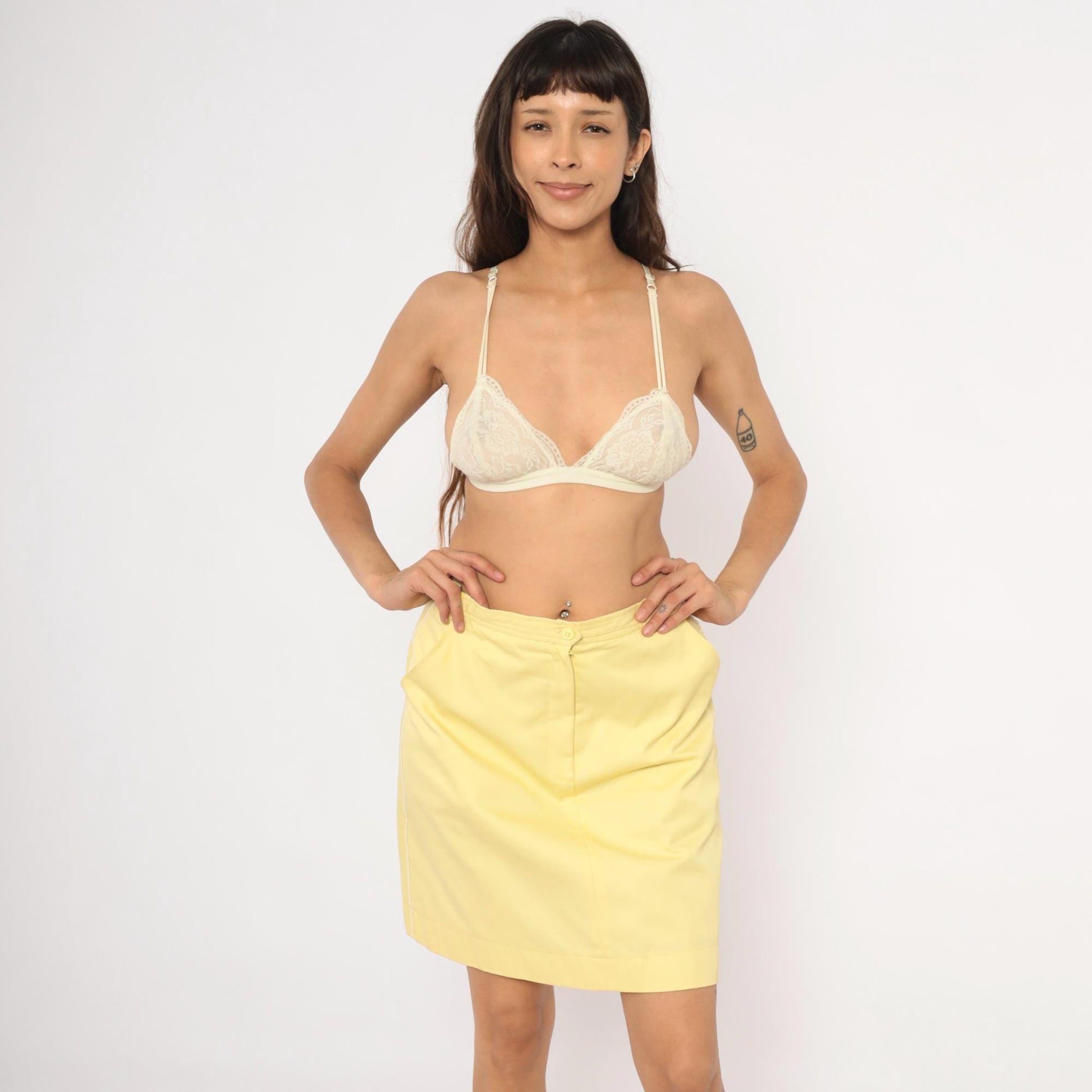 80s Lady Briarcliff Yellow Mini Skirt Striped Waistband Tennis A-Line Medium Large