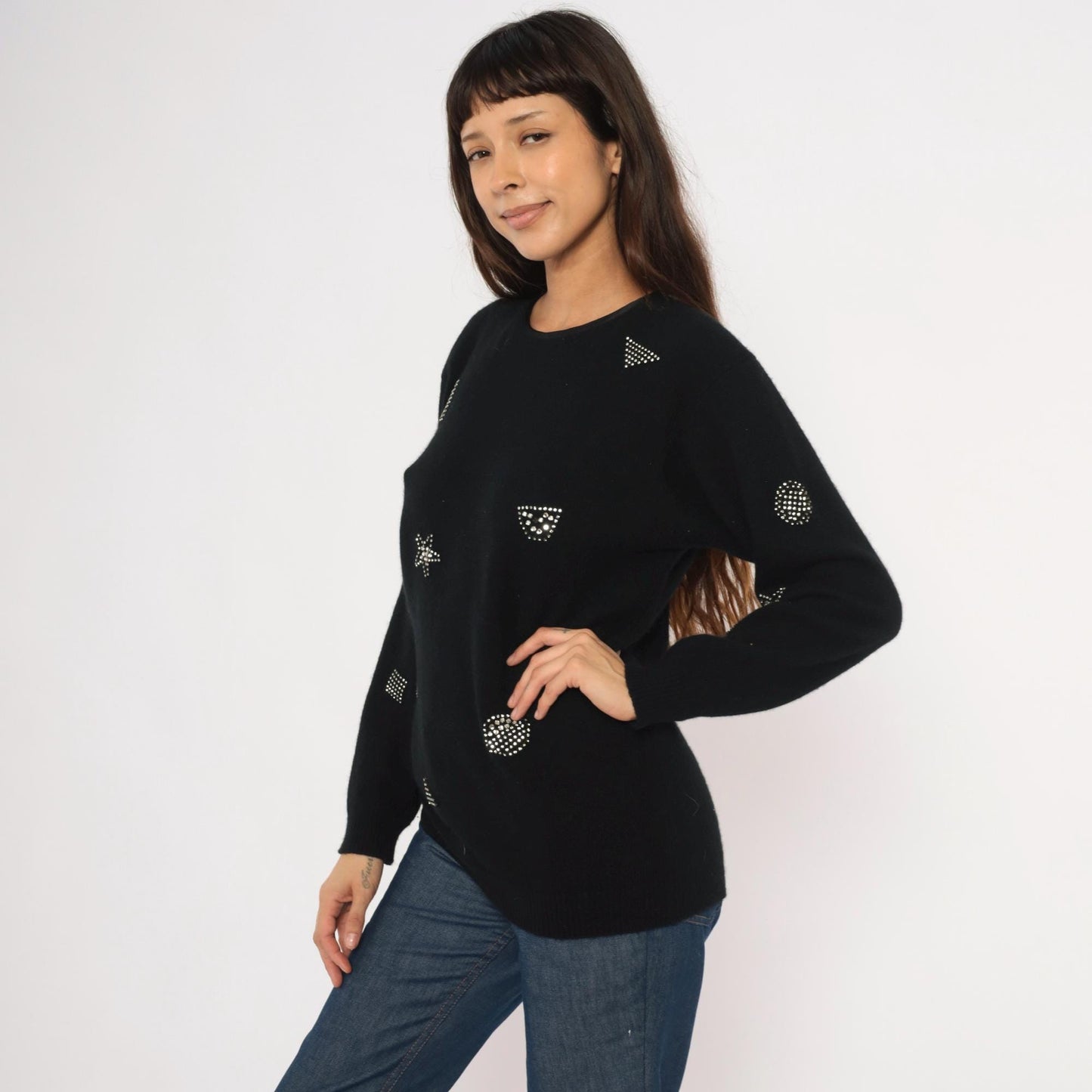 80s Adrienne Vittadini Rhinestone Studded Wool Angora Crewneck Pullover Black Medium