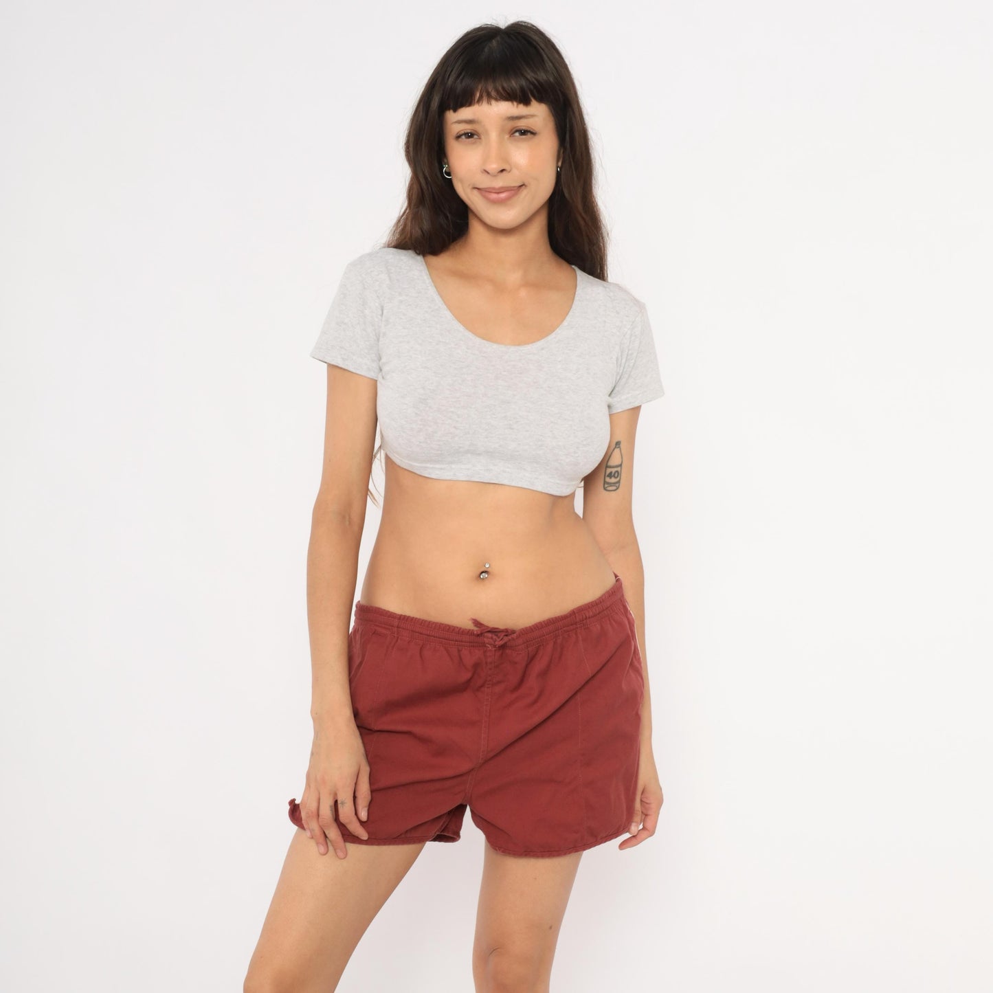 80s Repage Burgundy Swim Trunks Drawstring Waist Cotton Contrast Piping Large L