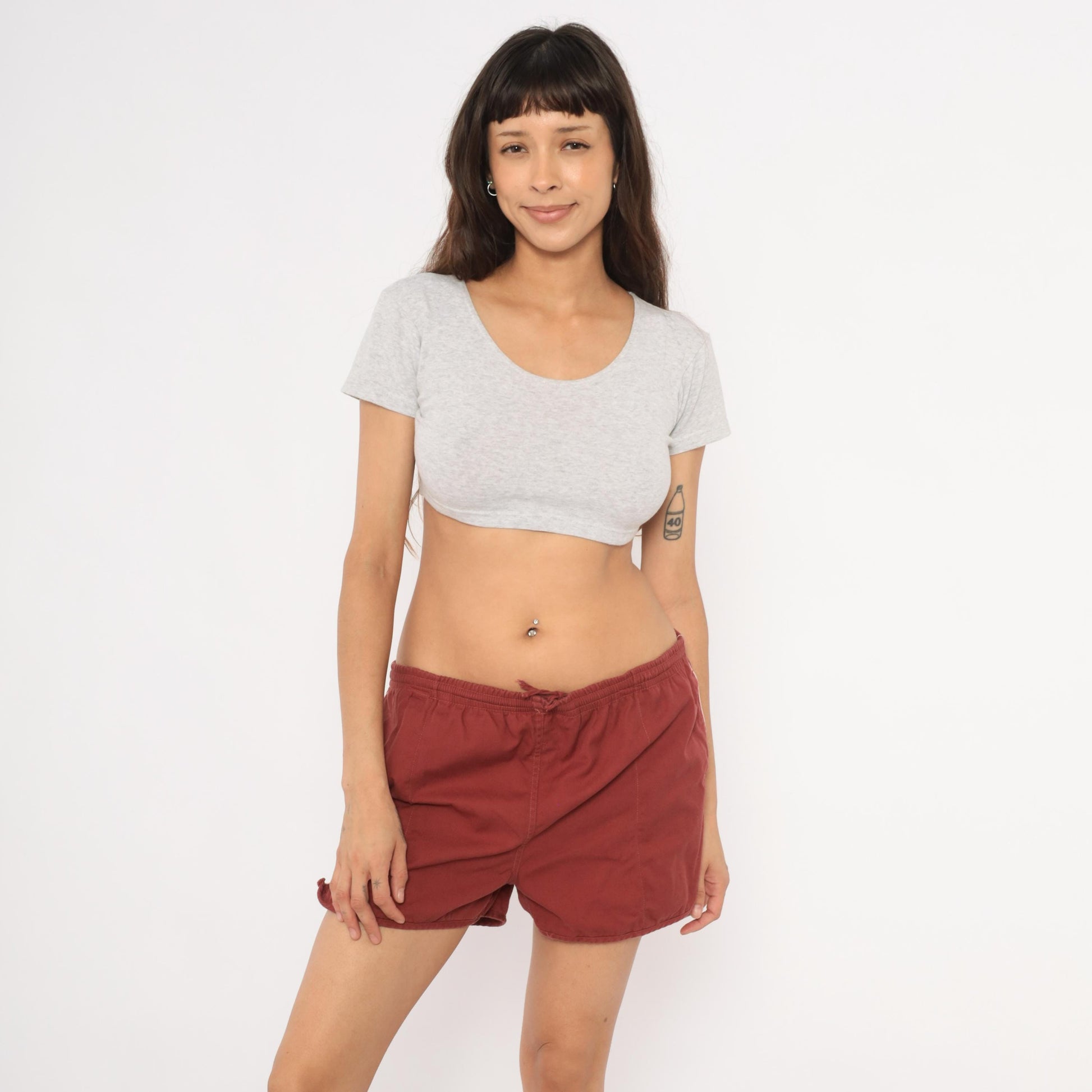 80s Repage Burgundy Swim Trunks Drawstring Waist Cotton Contrast Piping Large L