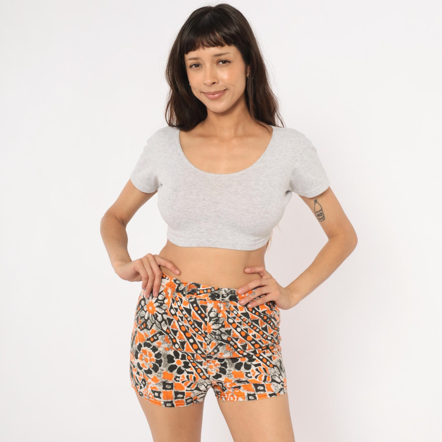 80s Gantner Psychedelic Floral Shorts Orange Black Cotton High Rise Small