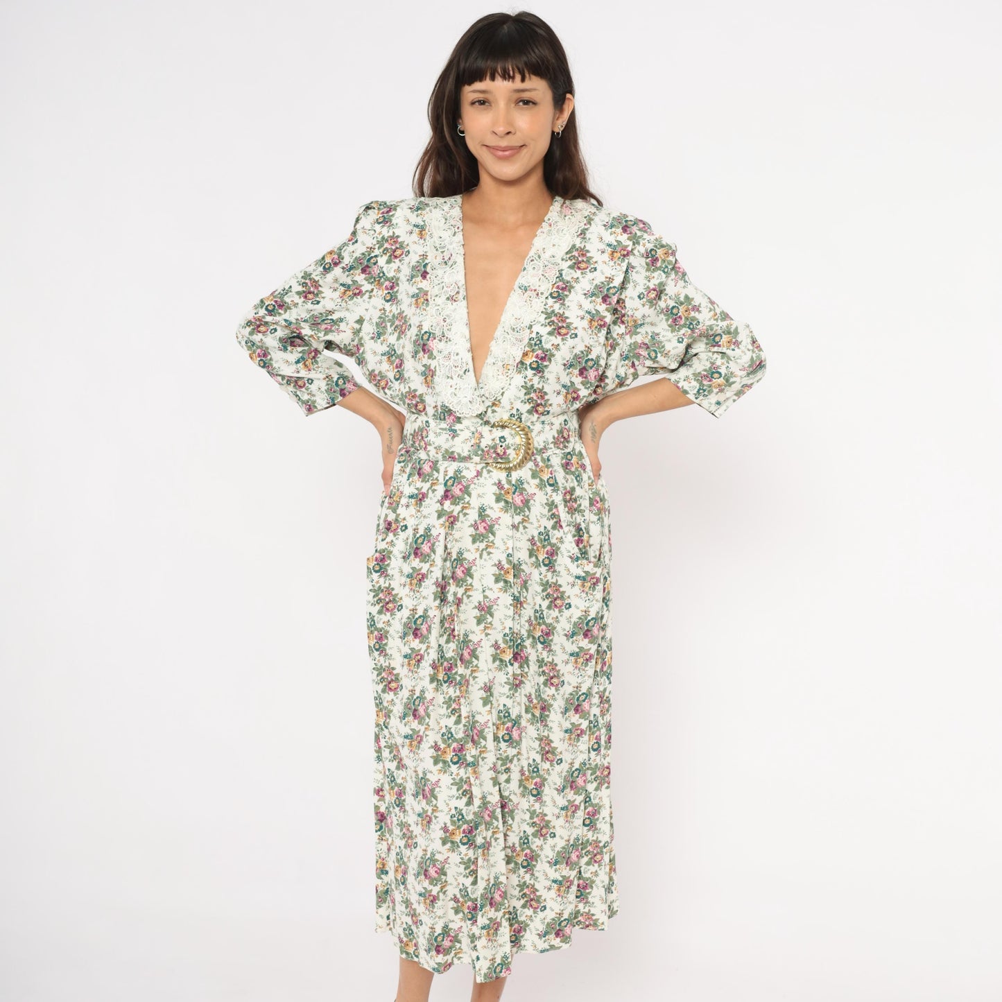 90s SL Fashions Floral Midi Dress Lace Collar V Neck Belted Gold Buckle Medium M