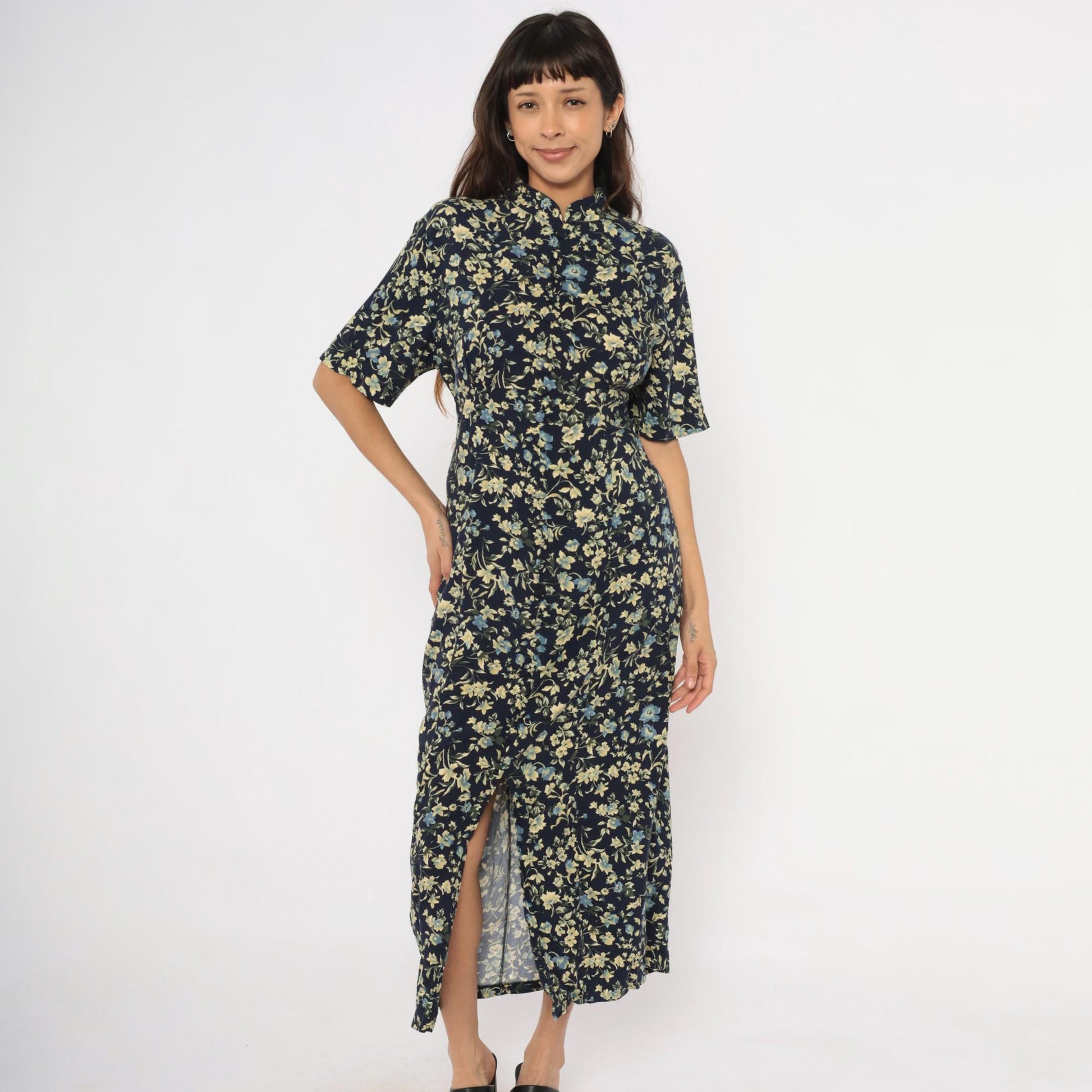 90s Express Navy Floral Maxi Dress Mandarin Collar Button Front Medium M