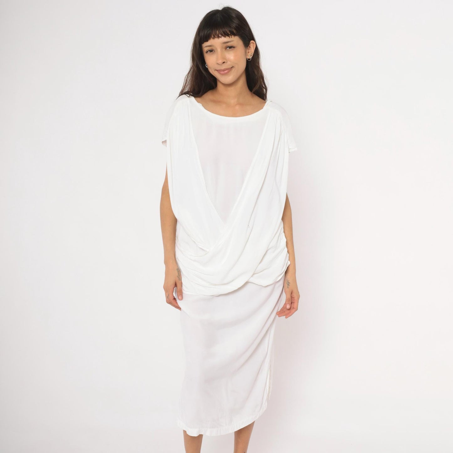 80s Police File White Grecian Midi Dress Cowl Drape Low Back Large L