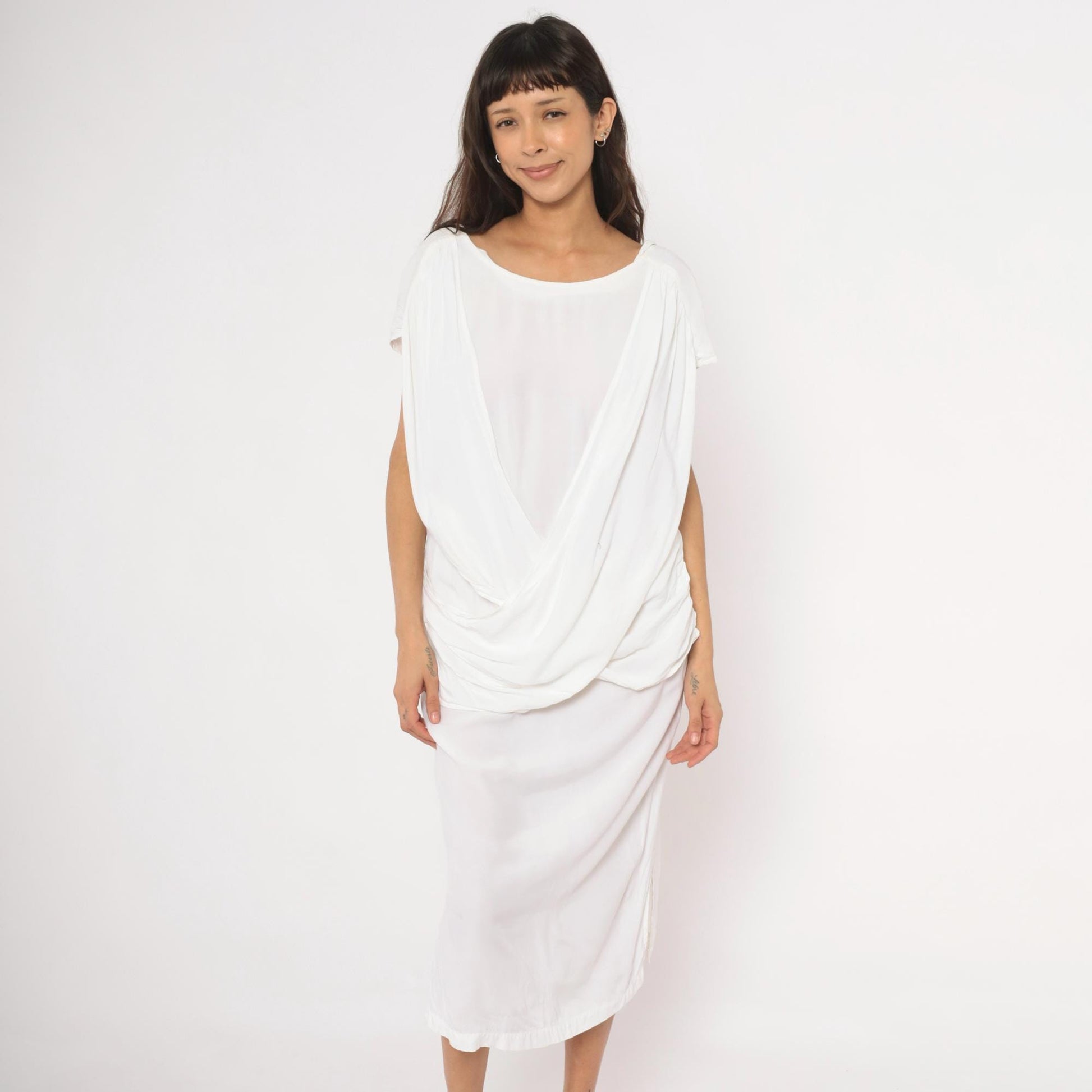 80s Police File White Grecian Midi Dress Cowl Drape Low Back Large L