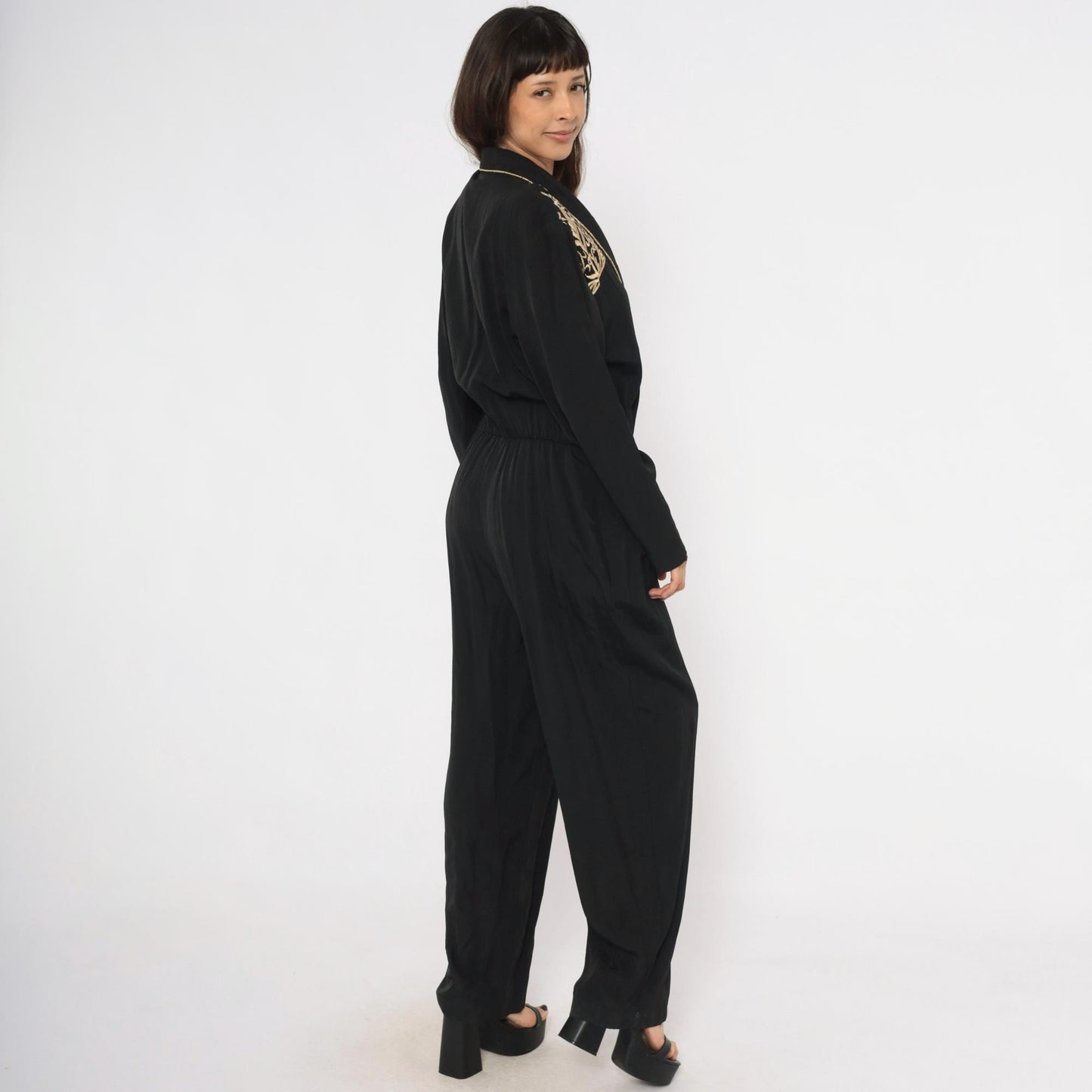 80s John Roberts Black Jumpsuit Gold Embroidered Shawl Collar Wide Leg Large L