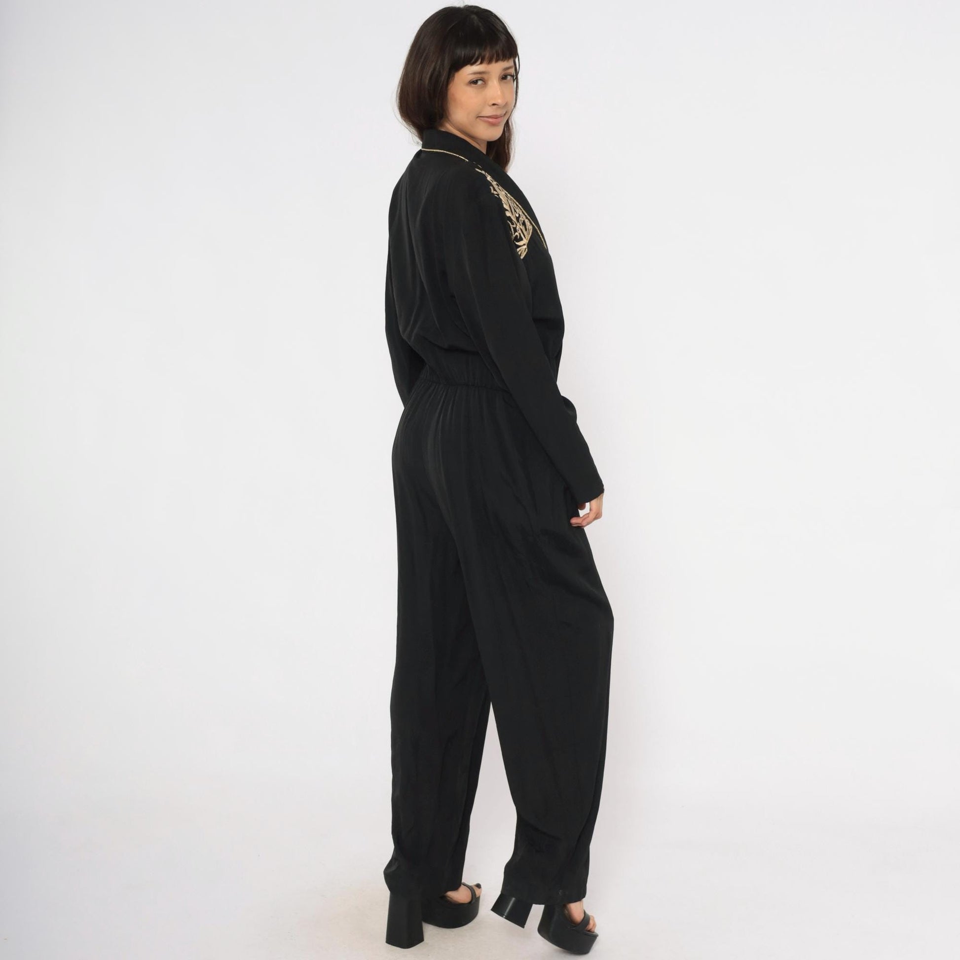 80s John Roberts Black Jumpsuit Gold Embroidered Shawl Collar Wide Leg Large L