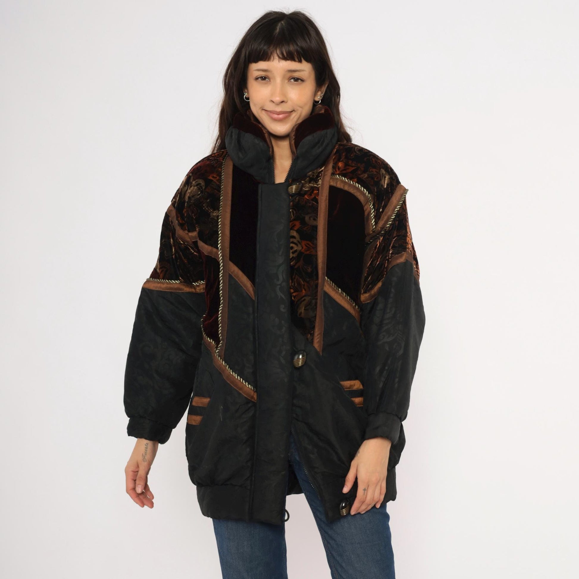 90s Frozen Dreams Velvet Patchwork Puffer Jacket Black Burgundy Extra Small