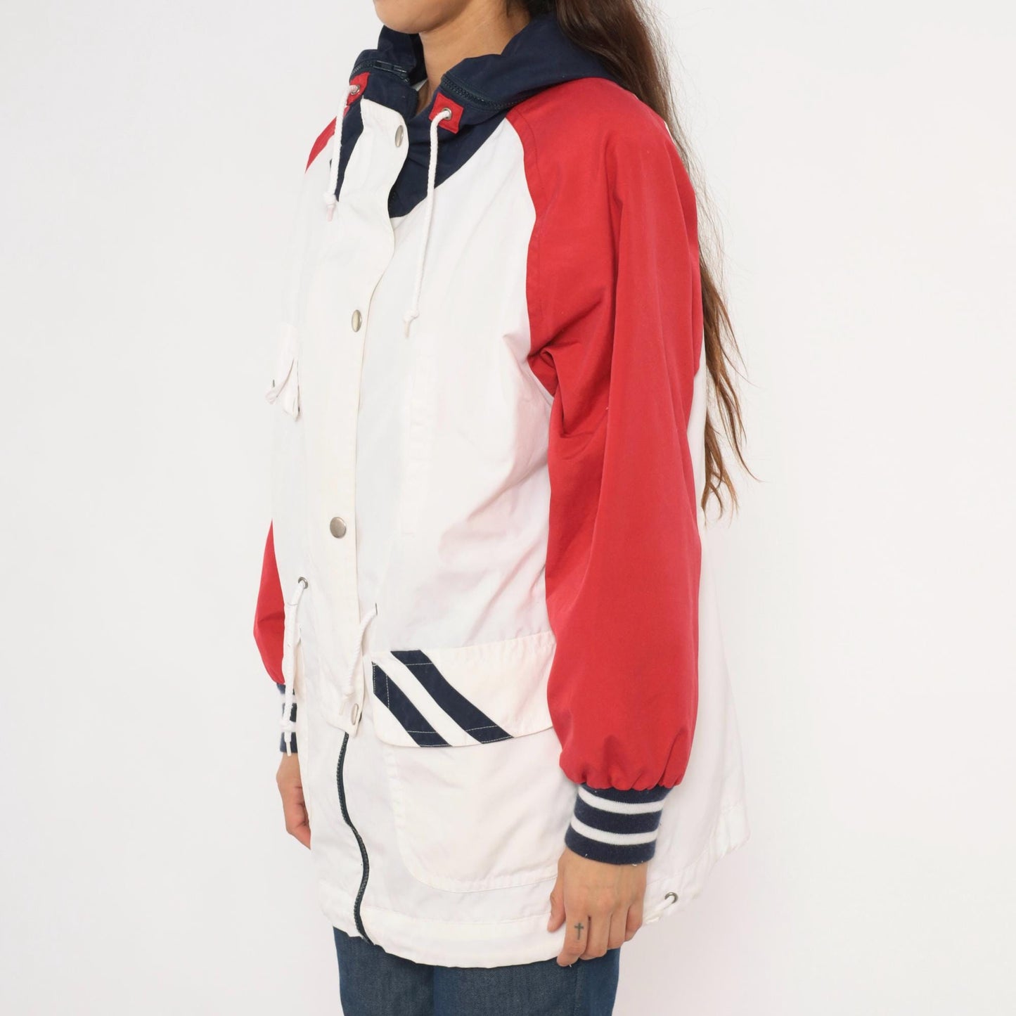 90s Mulberry Street Colorblock Windbreaker Hooded Snap Jacket White Red Navy Medium M