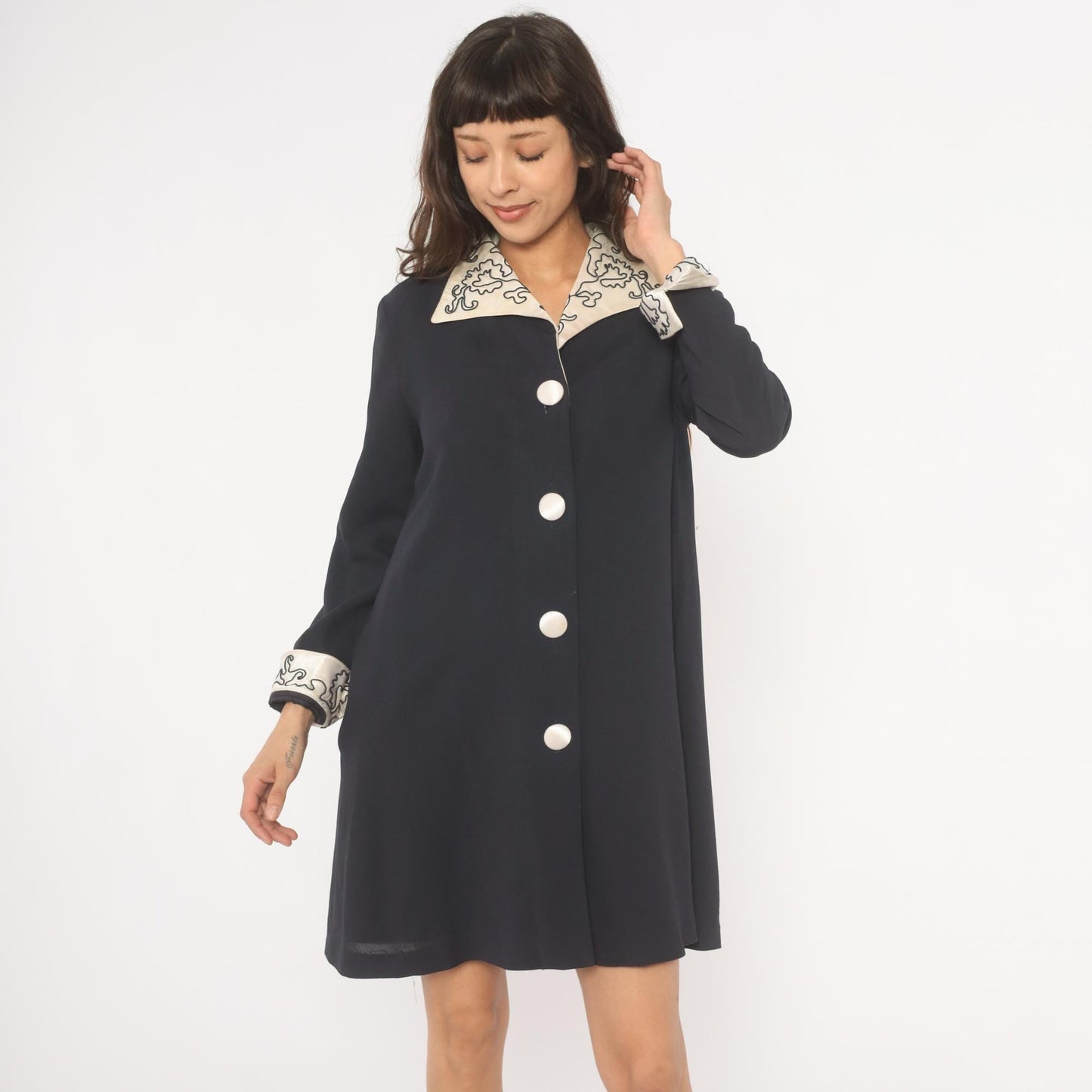 90s Navy Coat Dress Embroidered Ivory Collar White Dome Buttons Medium M