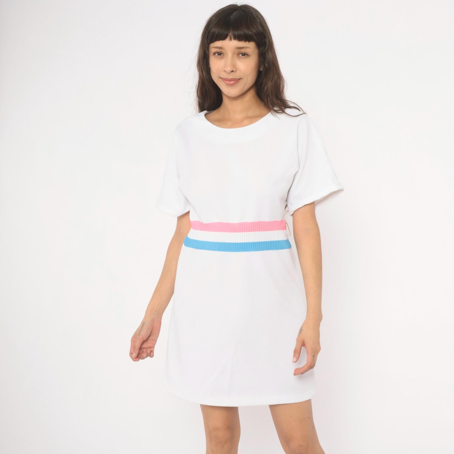 70s White Striped Ribbed Knit Pullover Dress Pink Blue A-Line Knee Length Large L