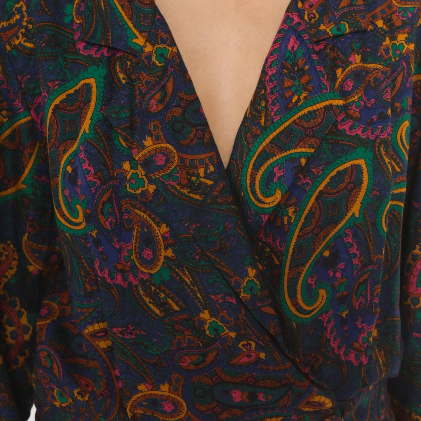 90s Tanner Paisley Midi Dress Navy Teal Pink Gold Long Sleeve Large L