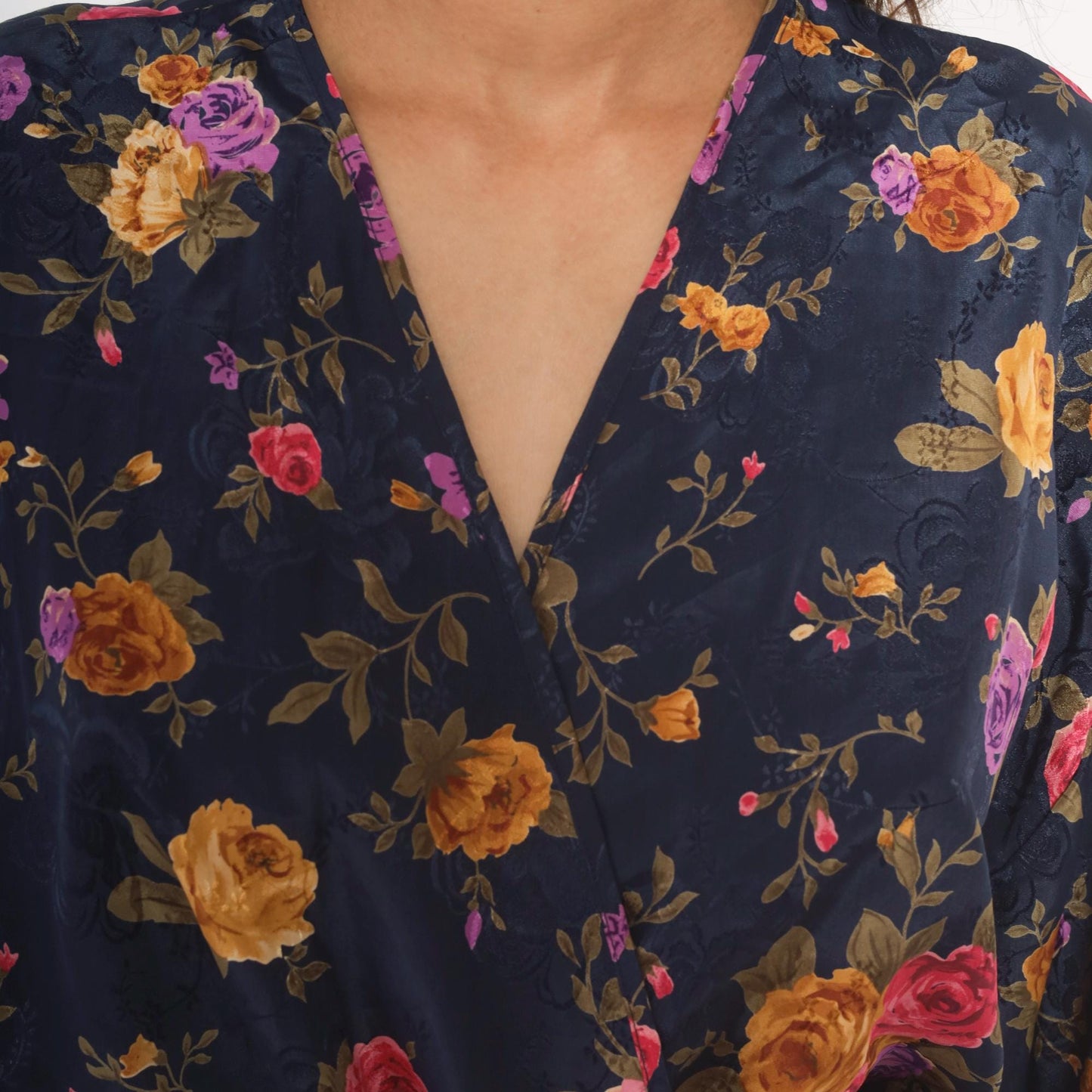 90s M.T. Morgan Taylor Navy Floral Kimono Robe Mini Wrap Tie Front Medium Large