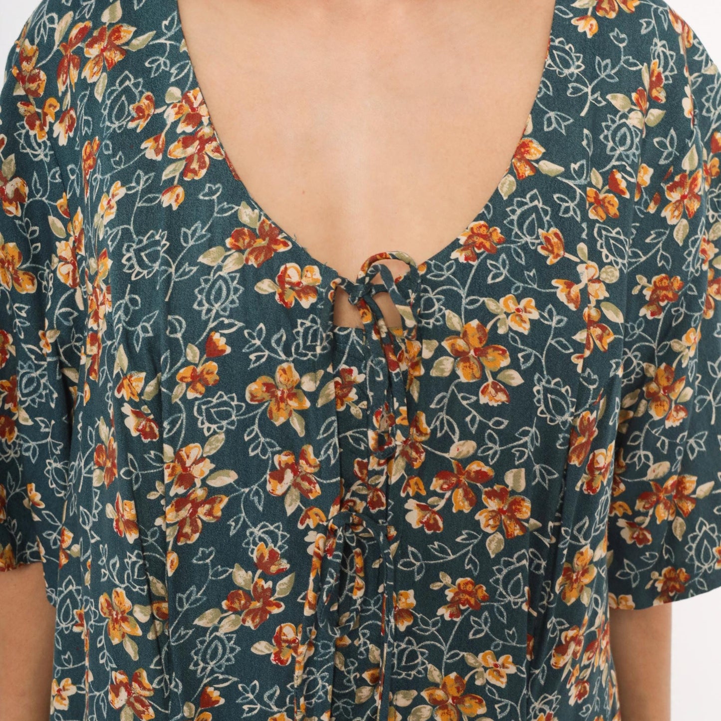 90s The Avenue Floral Midi Dress Teal Orange Flutter Sleeve Tie Front XXL