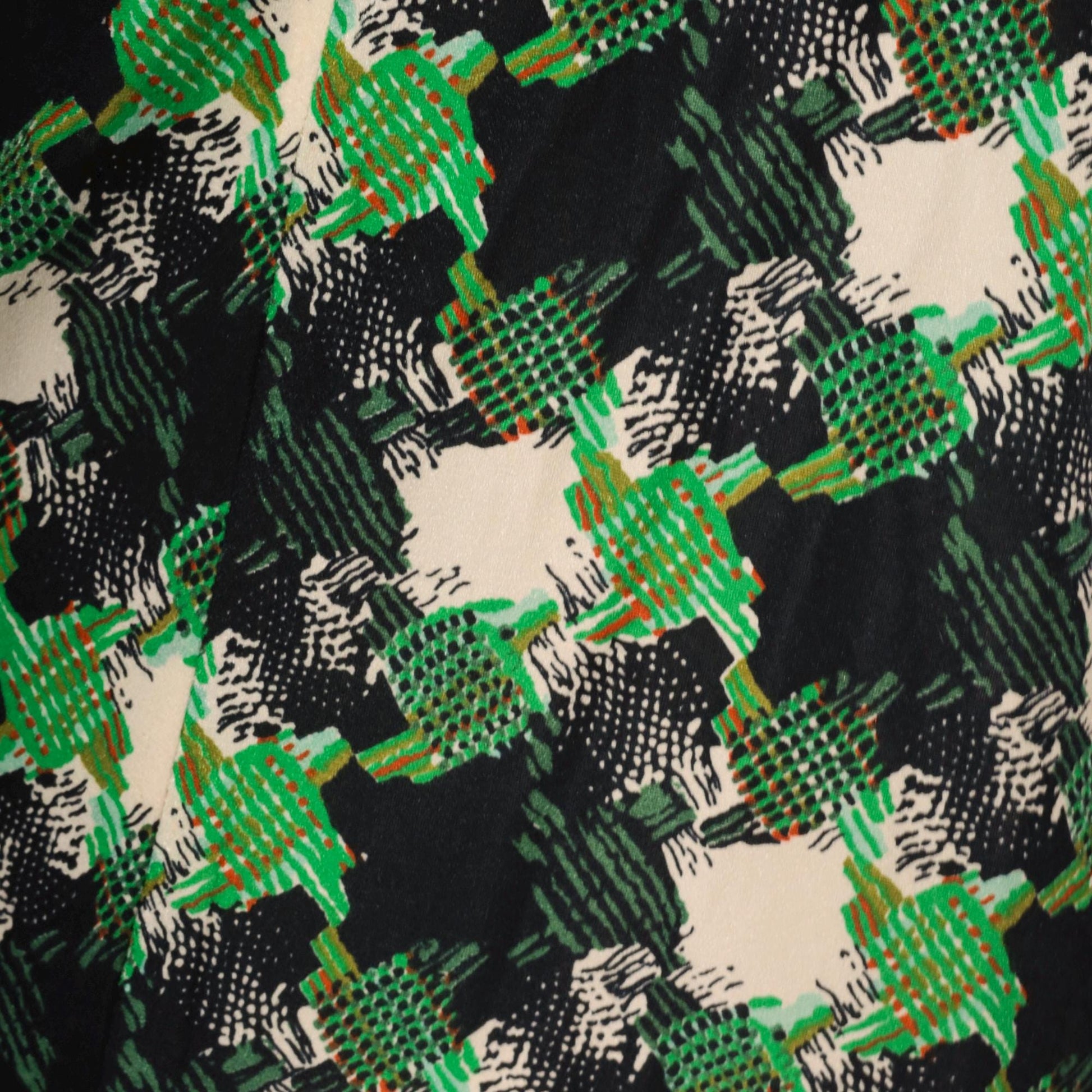 70s Psychedelic Abstract Mini Dress Green Black Cream V-Neck Sleeveless Small