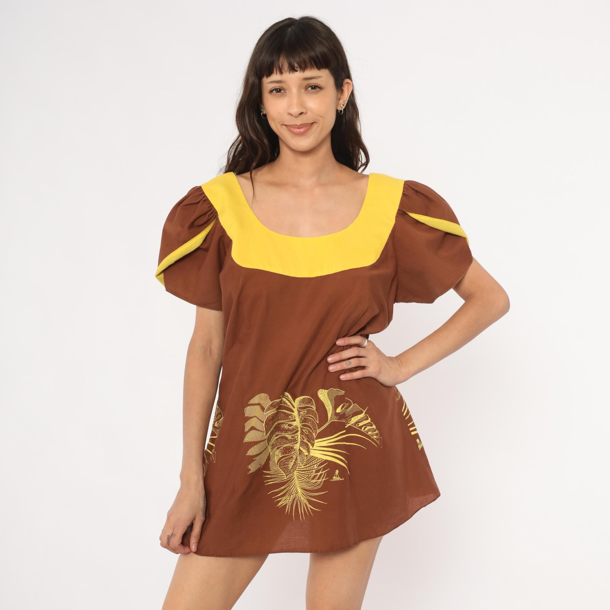 70s Tropical Monstera Puff Sleeve Mini Dress Brown Gold Small S