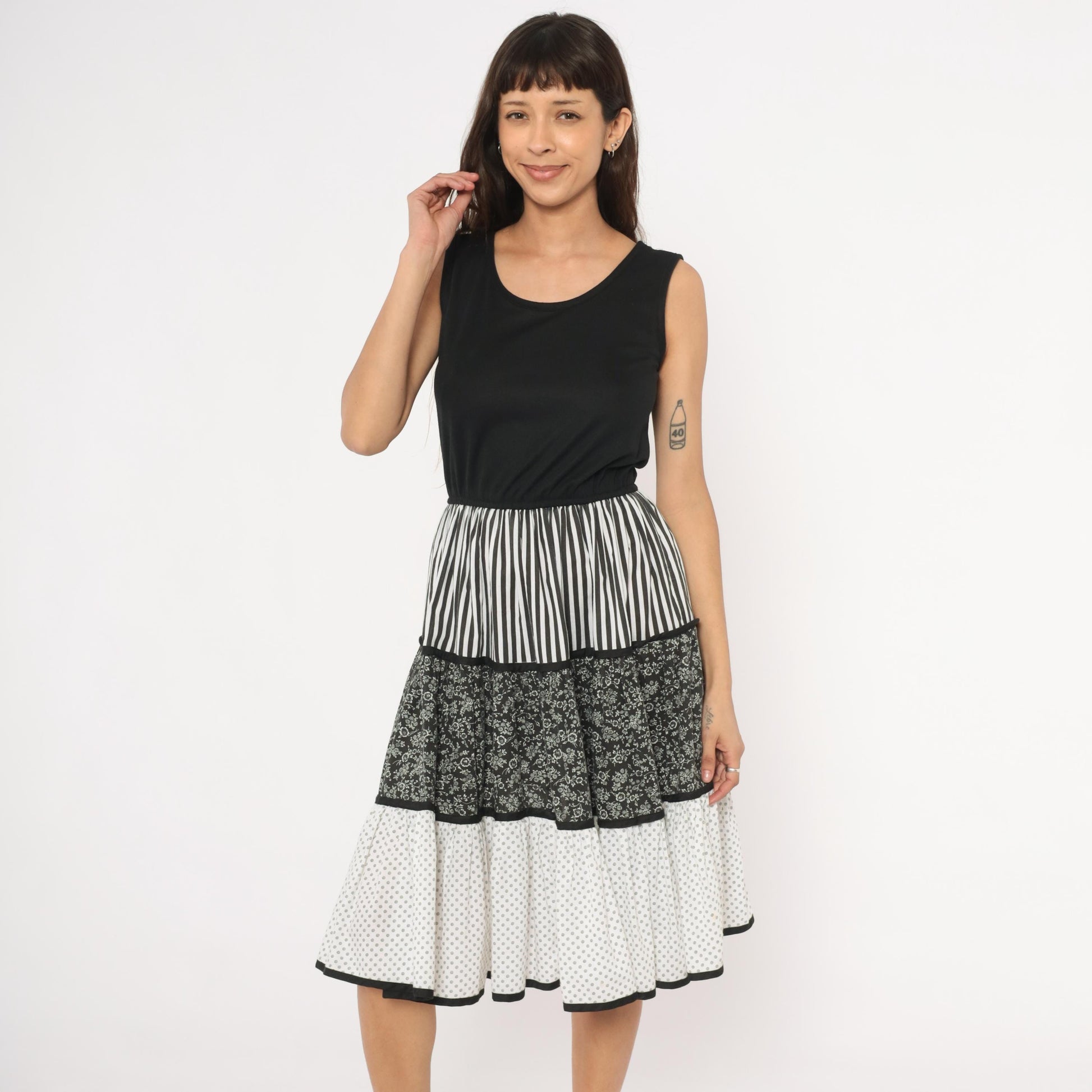 80s Mixed Print Tiered Sundress Black White Floral Striped Polka Dot Medium
