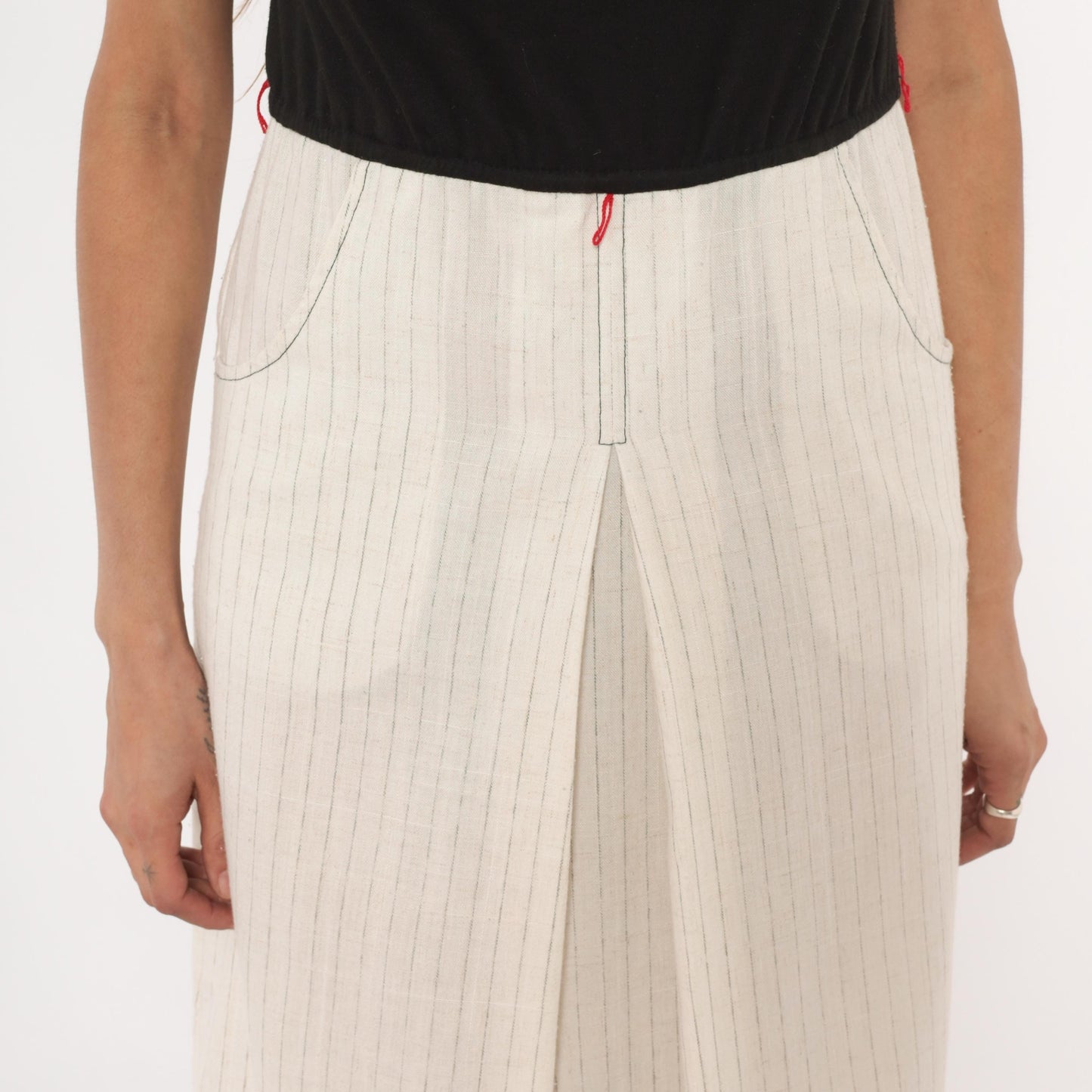 80s Melissa Petites Pinstripe Linen Knee-Length Skirt Cream Small S