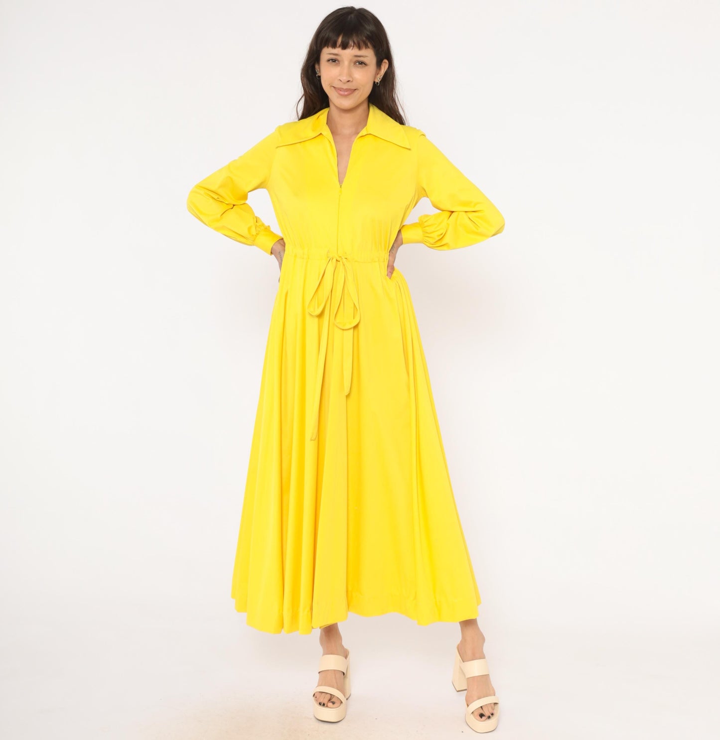 70s Vanity Fair Yellow Maxi Dress Balloon Sleeve Zip Front Gathered Skirt Medium