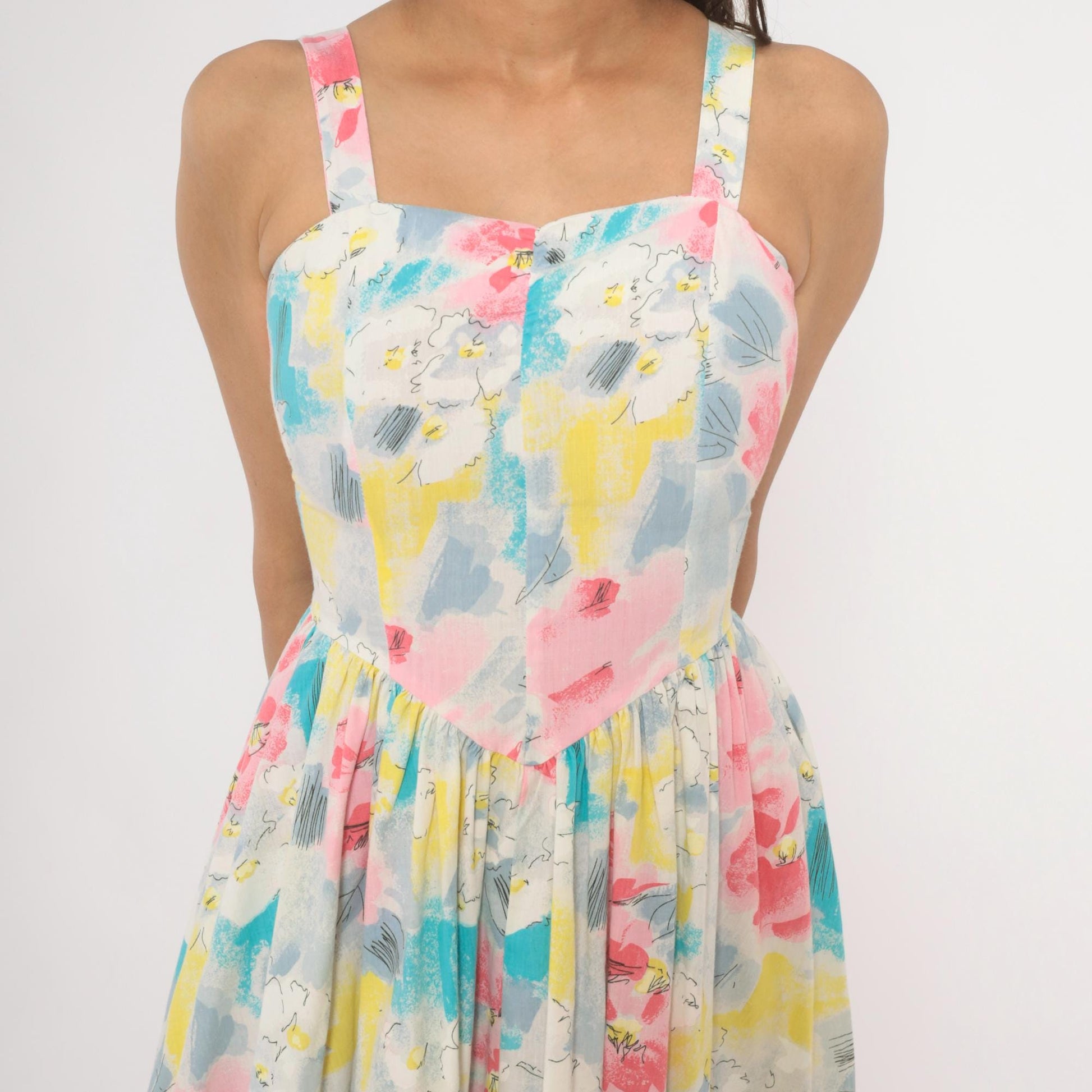 80s Pea Patch Watercolor Floral Sundress Sweetheart Basque Waist Small
