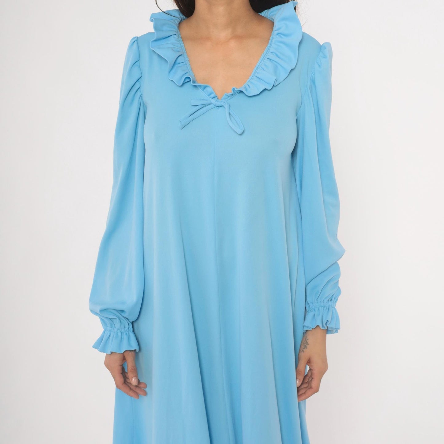 70s Sky Blue Maxi Dress Ruffle Collar Puff Sleeve A-Line Large L