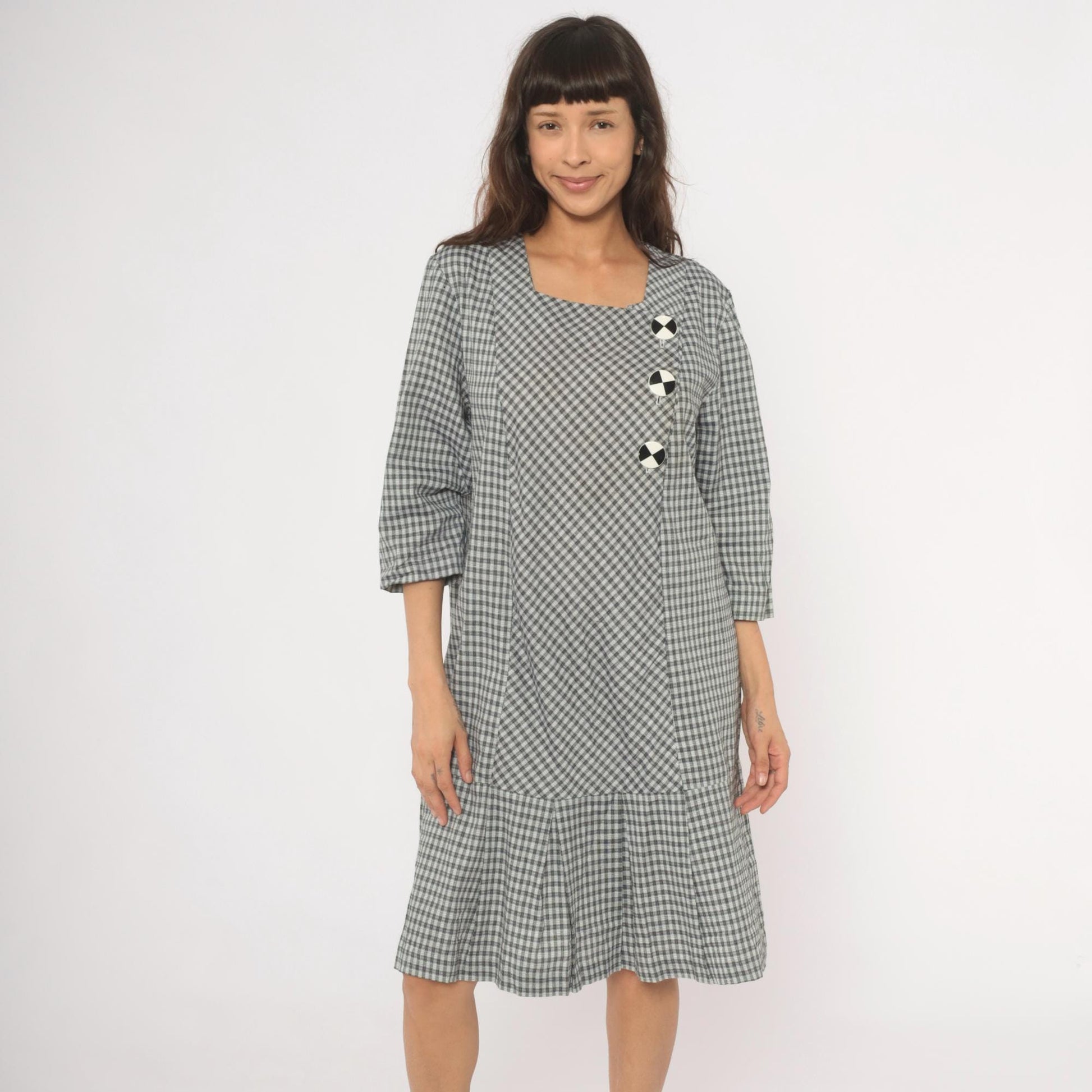 90s Be My Baby Black White Gingham Check Dress Square Neck Medium M