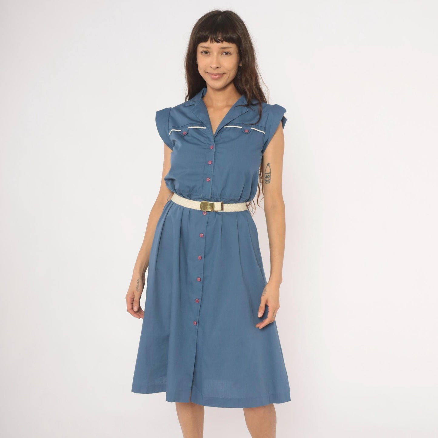 80s Slate Blue Button-Front Shirtdress Cap Sleeve Notched Collar Belted Small S