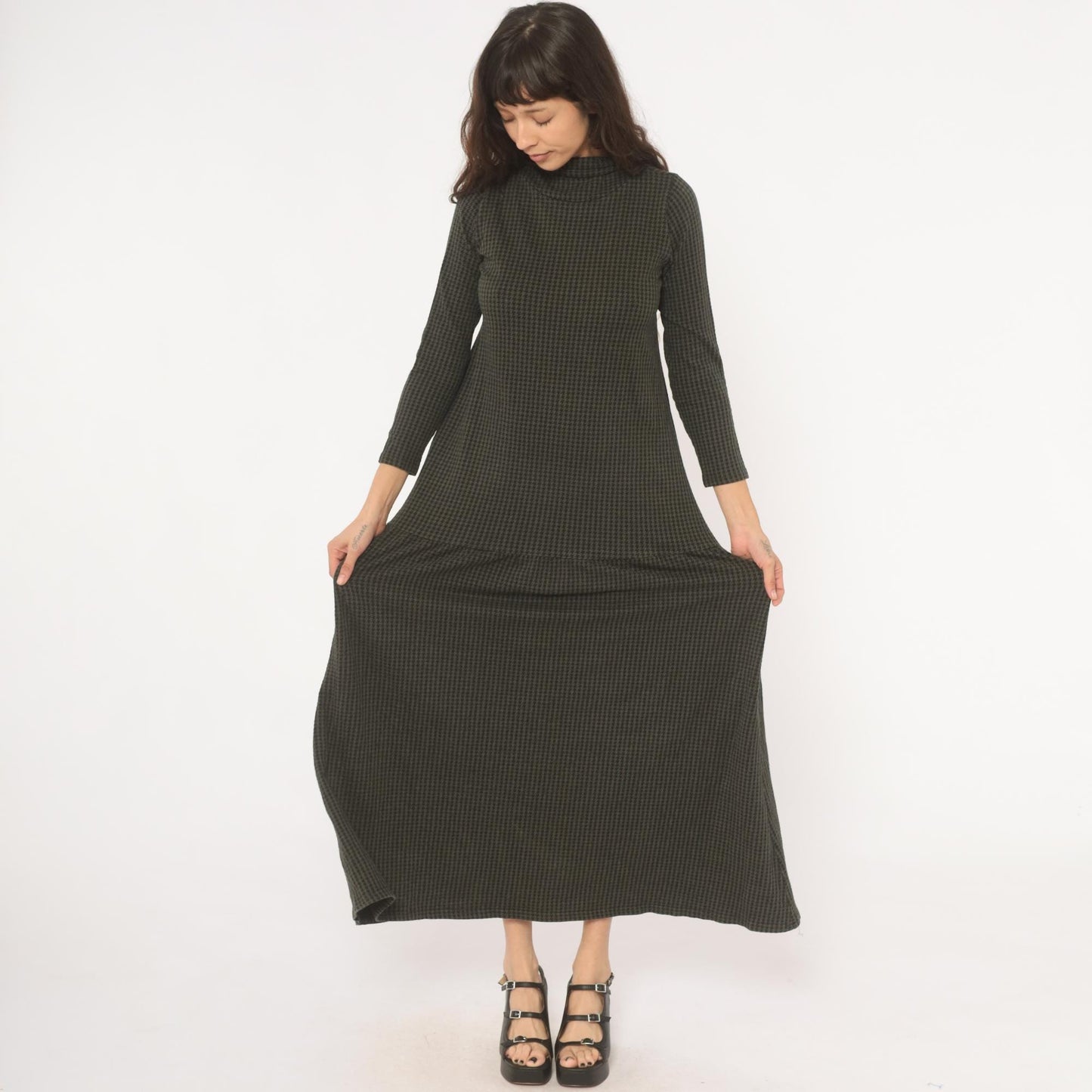 90s JP Houndstooth Maxi Dress Olive Black Funnel Neck Drop Waist Medium M