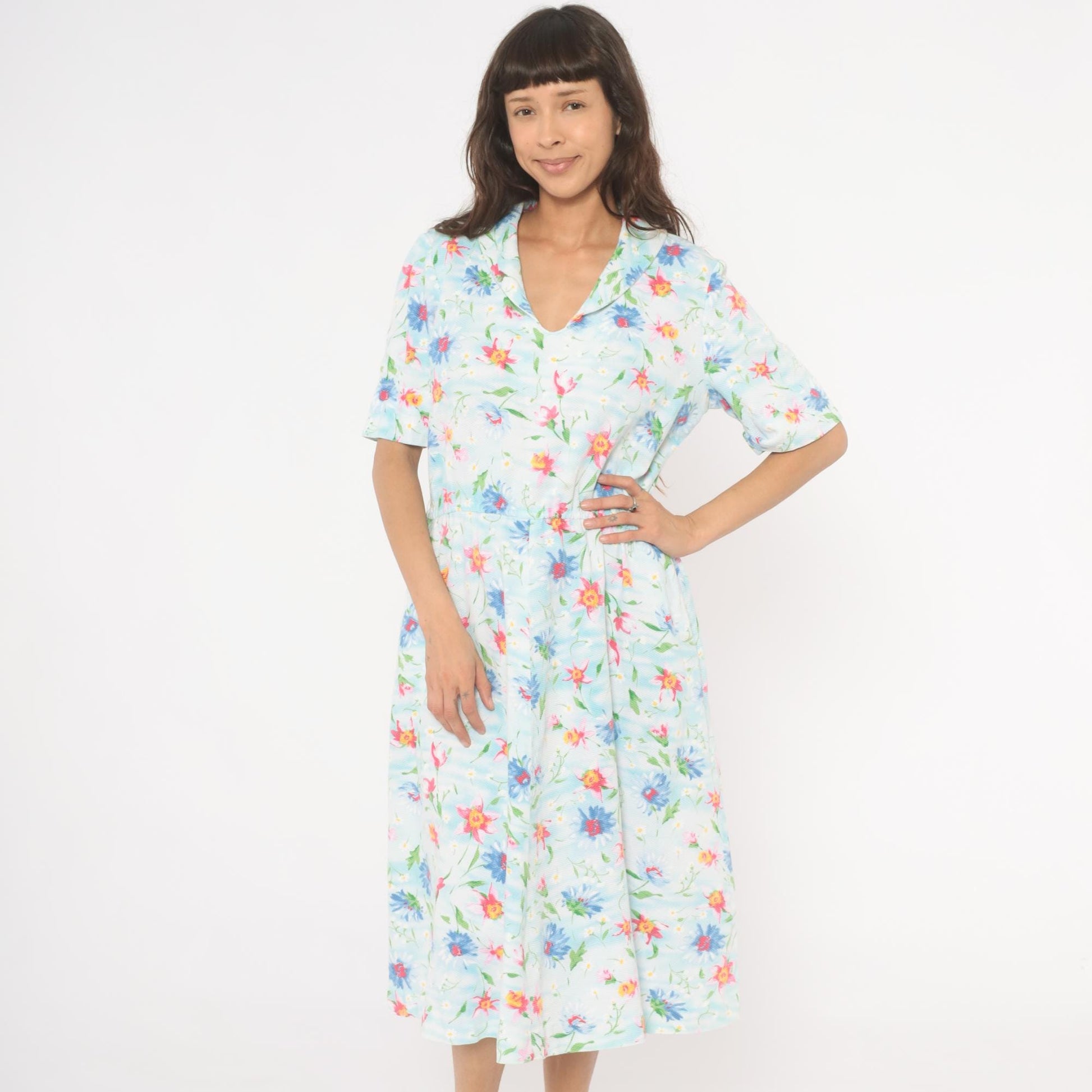 90s Light Blue Wildflower Cotton Midi Dress Pink Floral Gathered Waist Large L