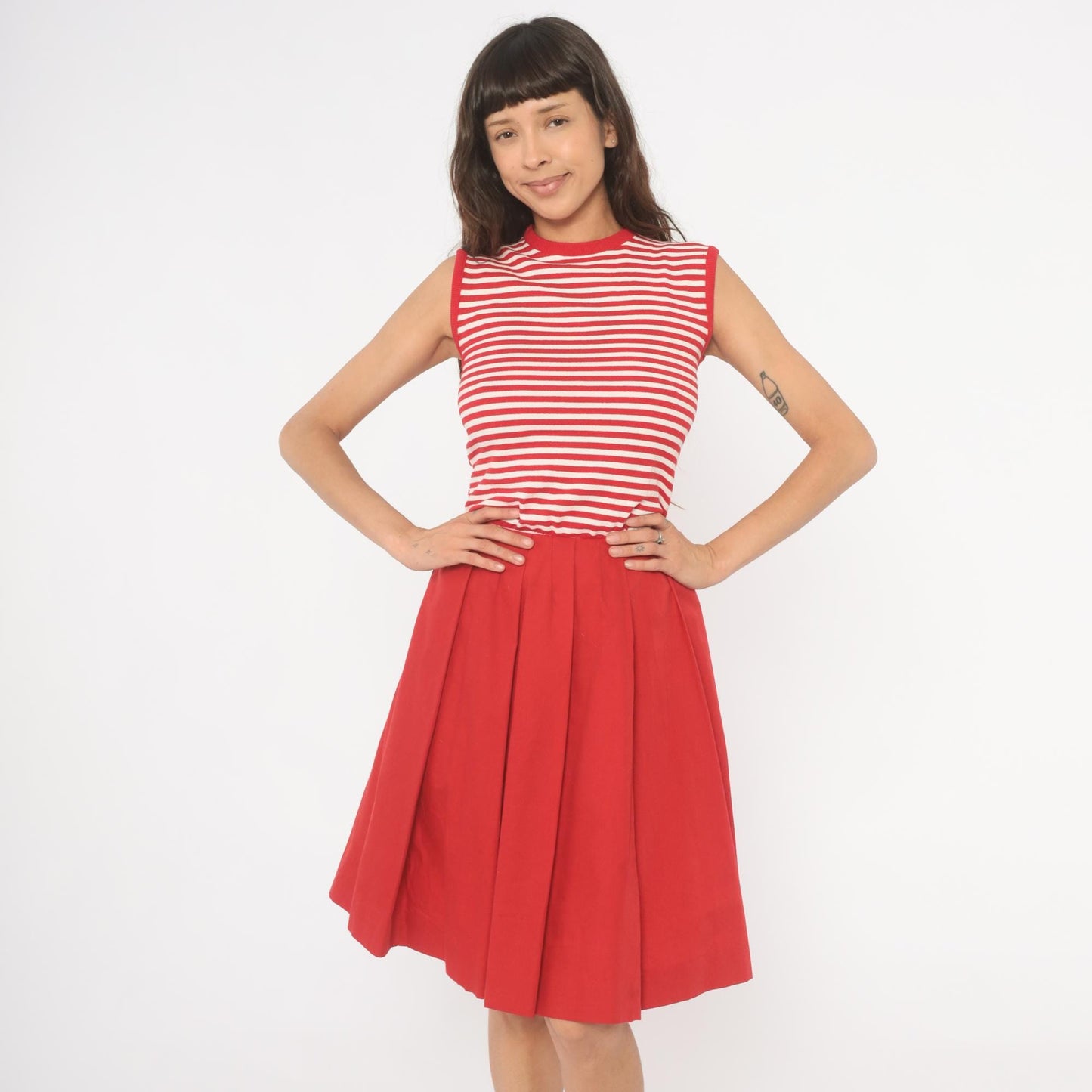 70s Country Set Red White Striped Sleeveless Dress Pleated Skirt Extra Small XS