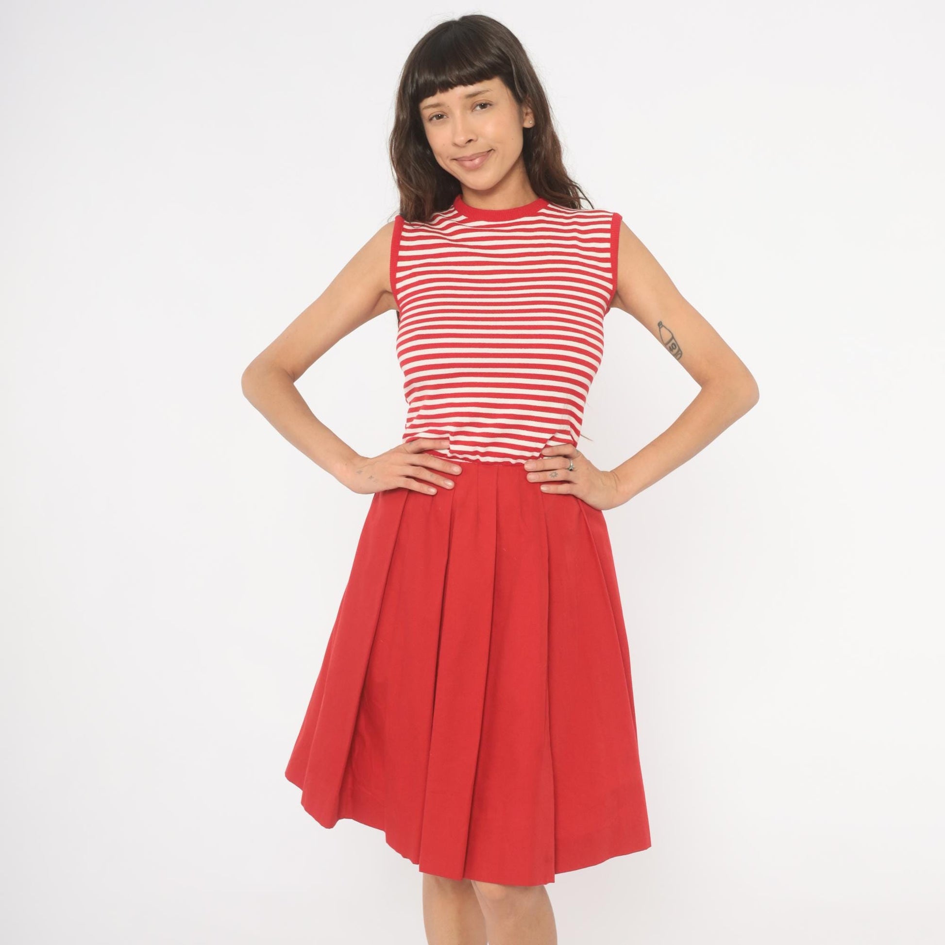 70s Country Set Red White Striped Sleeveless Dress Pleated Skirt Extra Small XS