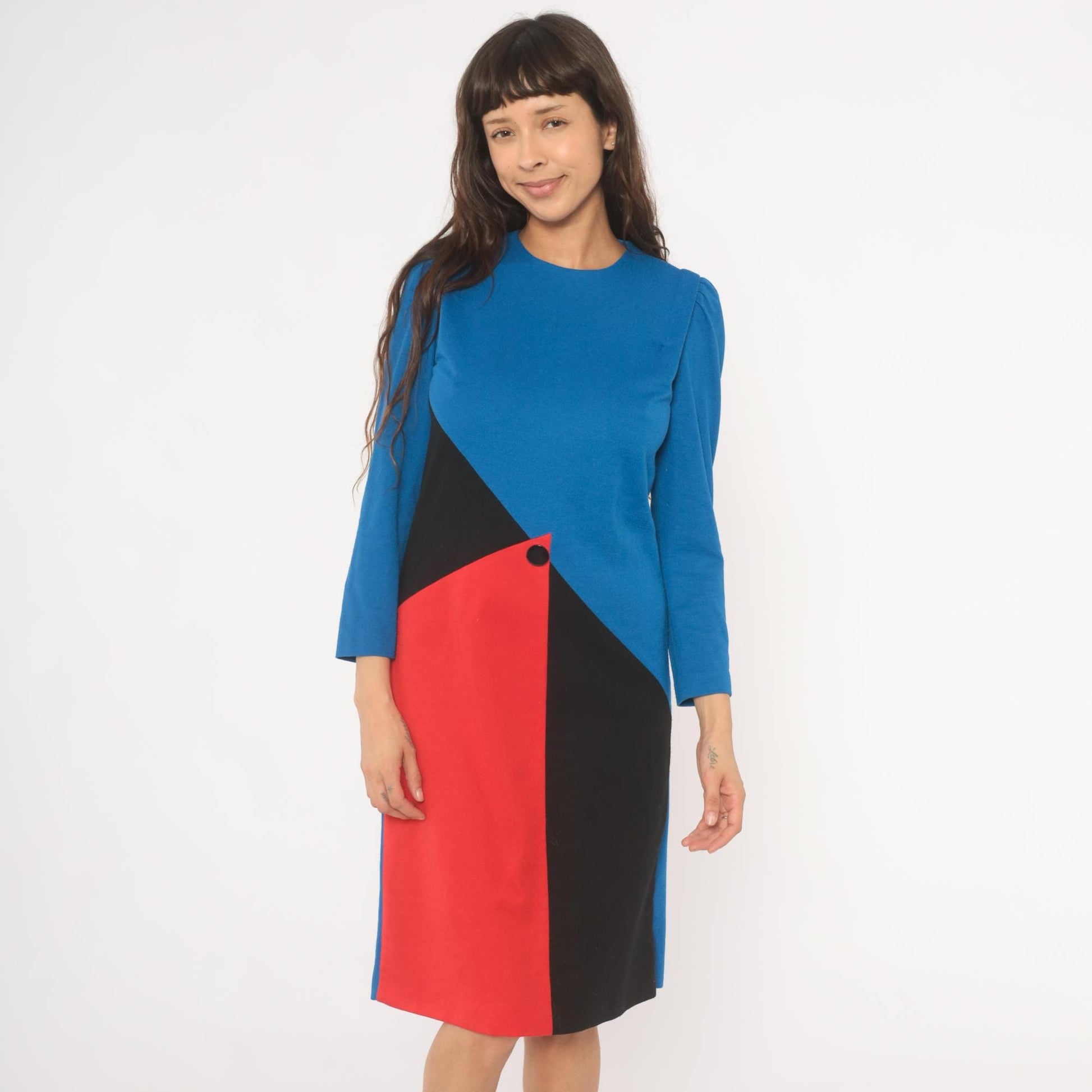 80s Leslie Fay Color Block Dress Cobalt Blue Red Black Geometric Knee Length Small S