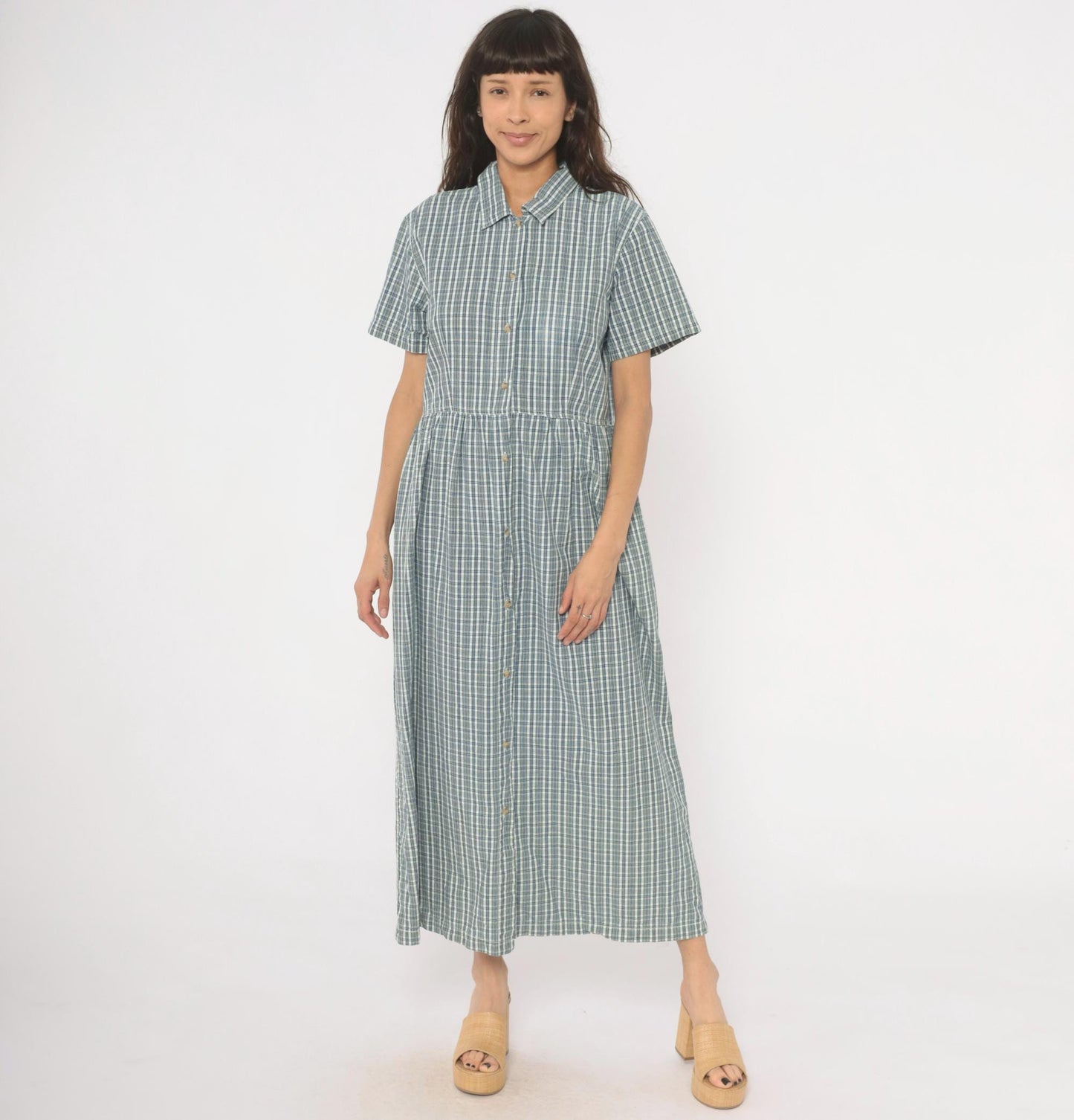 90s Studio Works Blue Plaid Cotton Maxi Shirtdress Medium