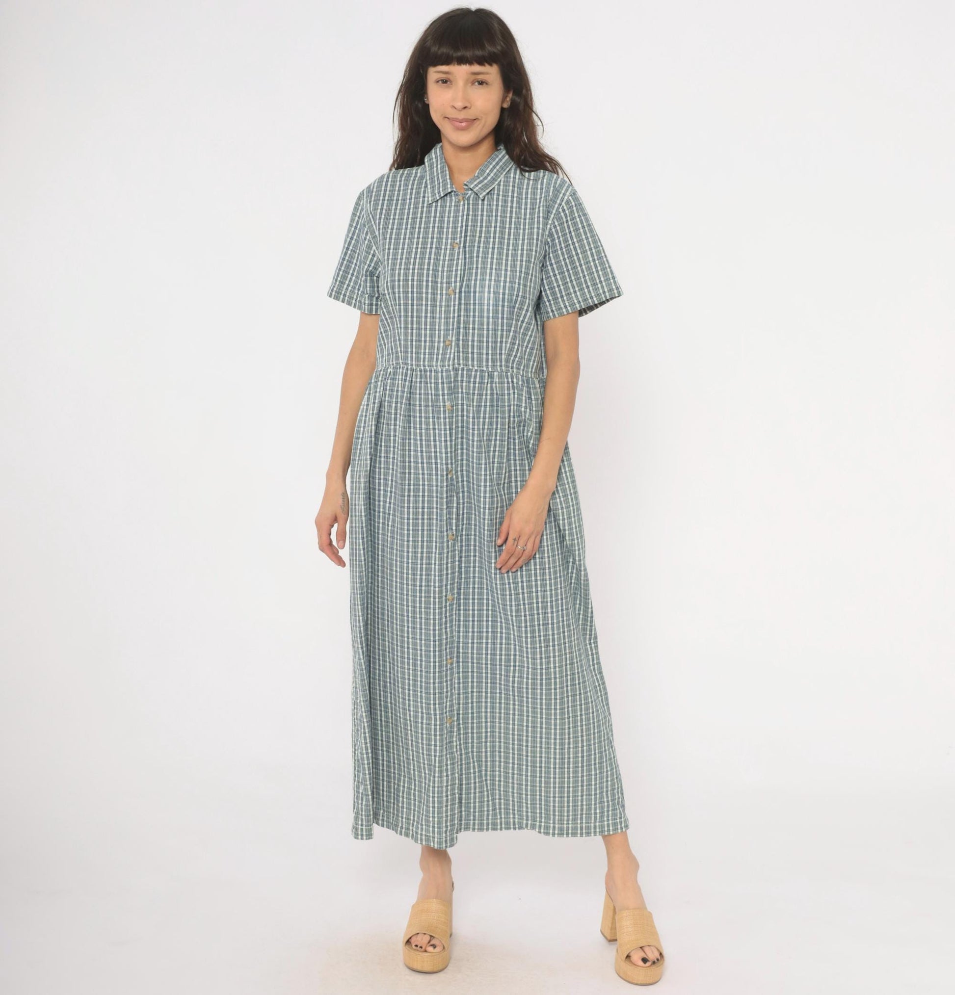 90s Studio Works Blue Plaid Cotton Maxi Shirtdress Medium