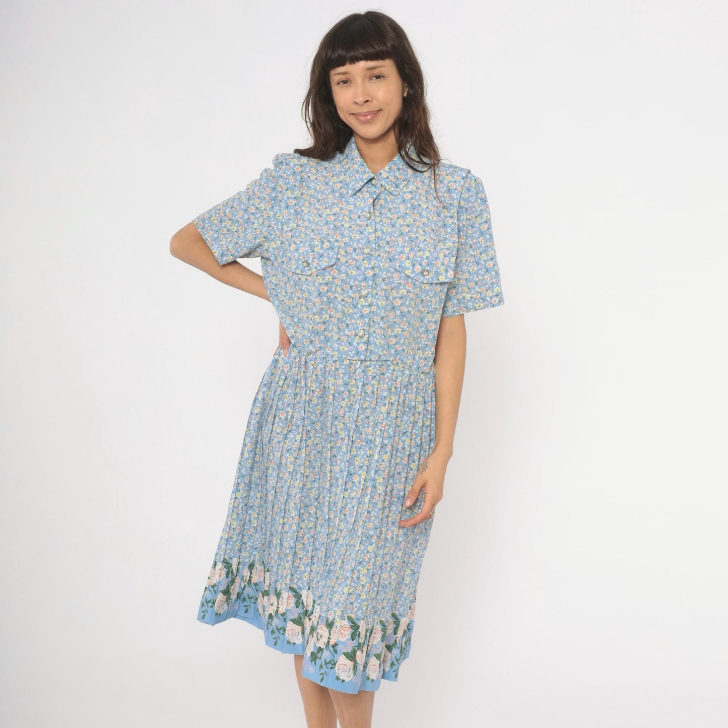 90s Breli Originals Floral Shirtdress Sky Blue Midi Pleated Skirt Large L