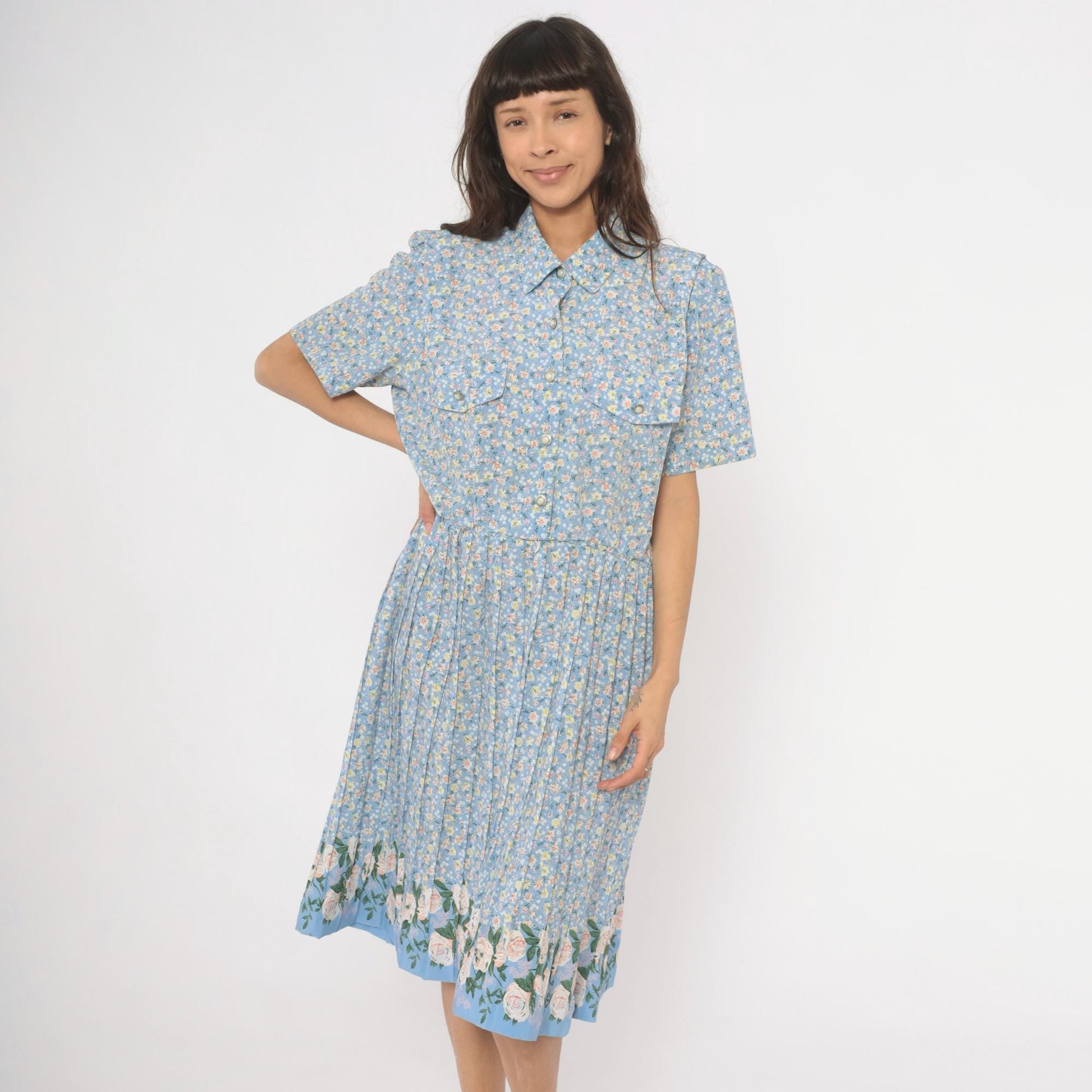 90s Breli Originals Floral Shirtdress Sky Blue Midi Pleated Skirt Large L