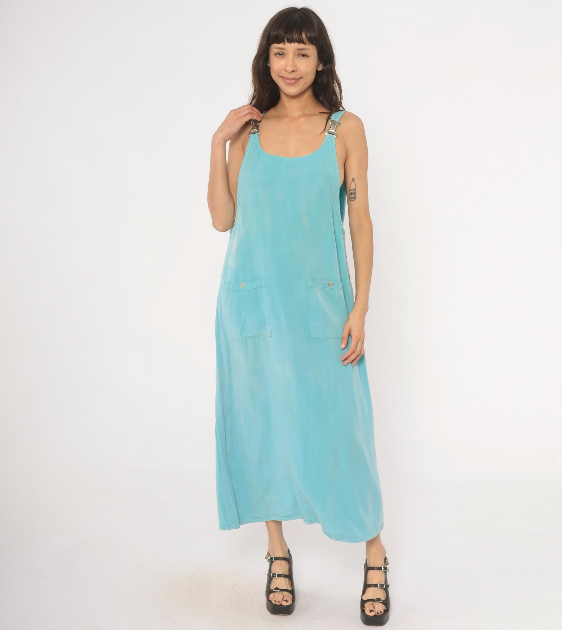 90s Froxx Sky Blue Maxi Overall Dress Sleeveless Pinafore Large L