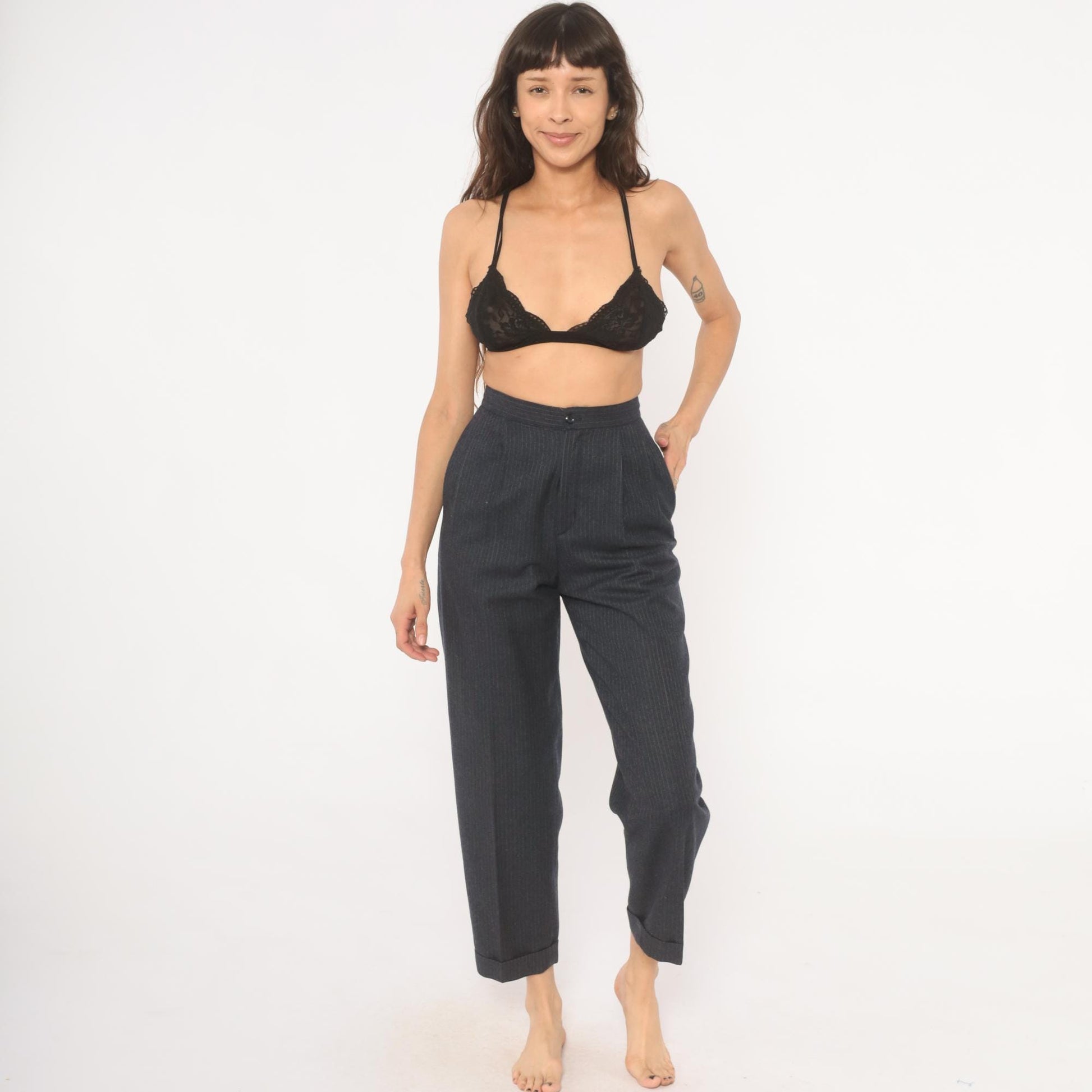 80s Preferred Stock Pinstripe Pleated Trousers Navy Wool Blend High Waist Extra Small XS