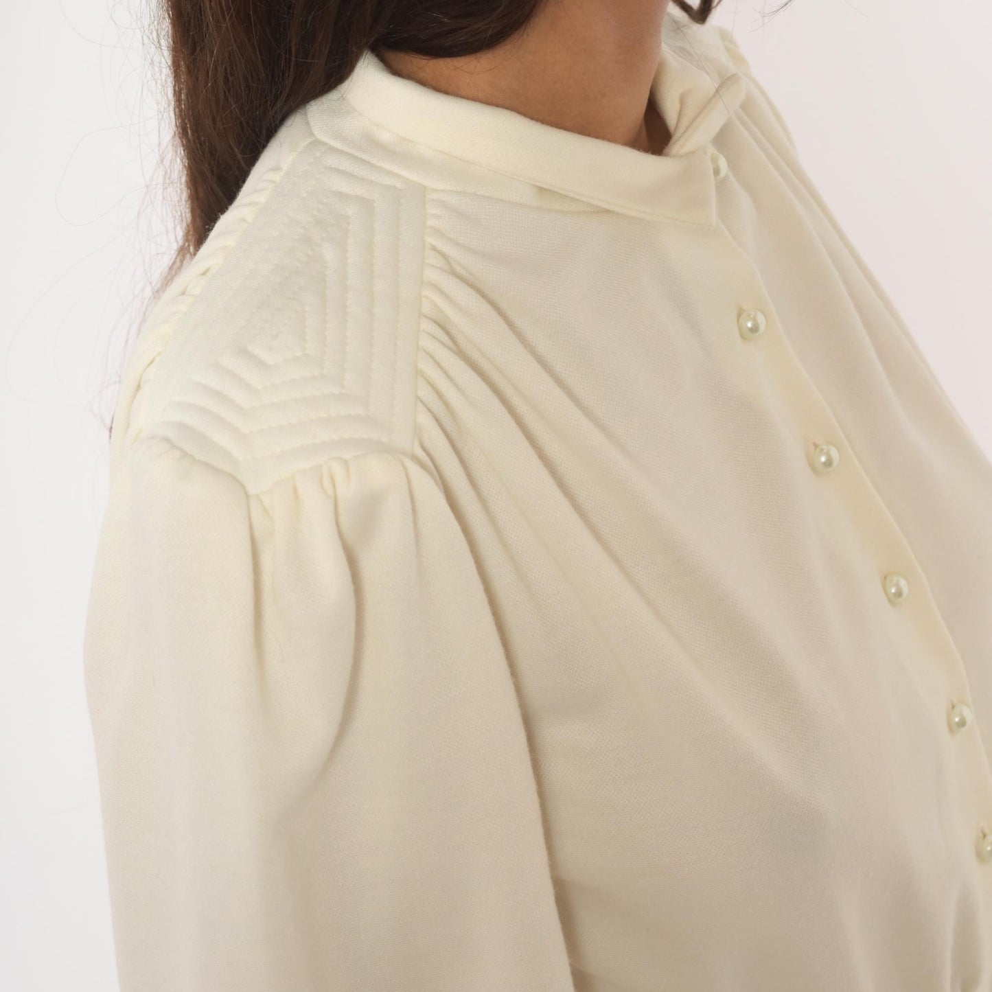 80s Sunshine Starshine Cream Puff Sleeve Midi Dress Pearl Buttons Wool Large L